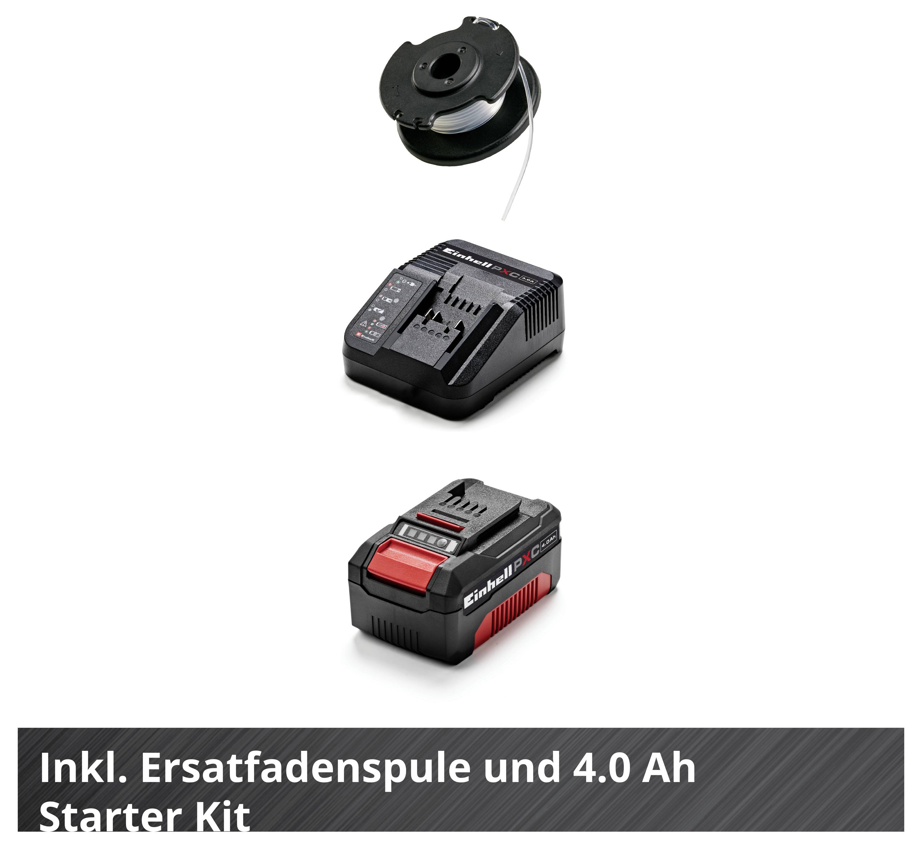 Una bobina, caricabatterie e kit batteria con testo: 'Incl. Bobina di filo di ricambio e kit di avviamento da 4,0 Ah'.