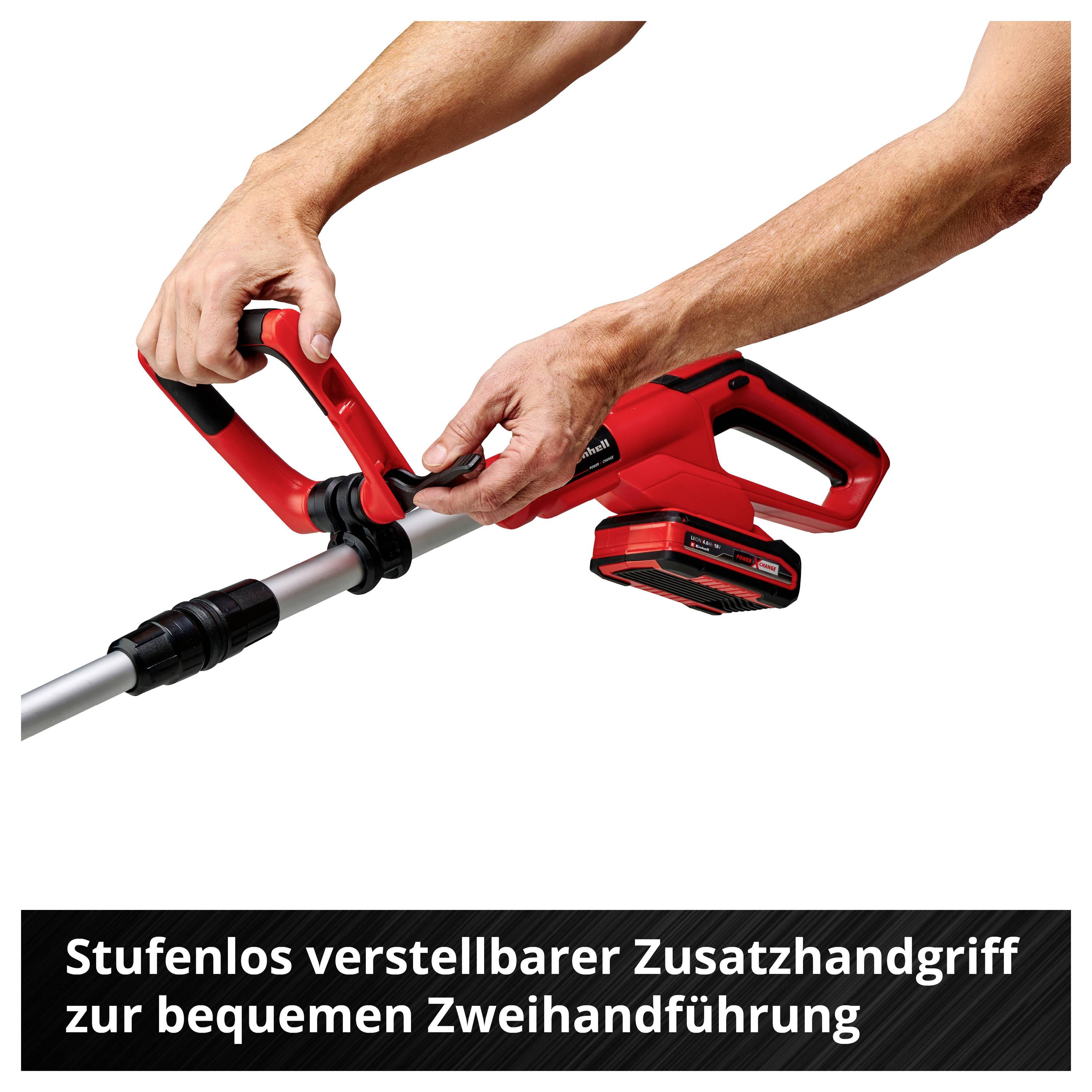 Illustrazione di un trimmer per prato alimentato a batteria con manico telescopico regolabile, testata motore rotante e larghezza di taglio di 28 cm.