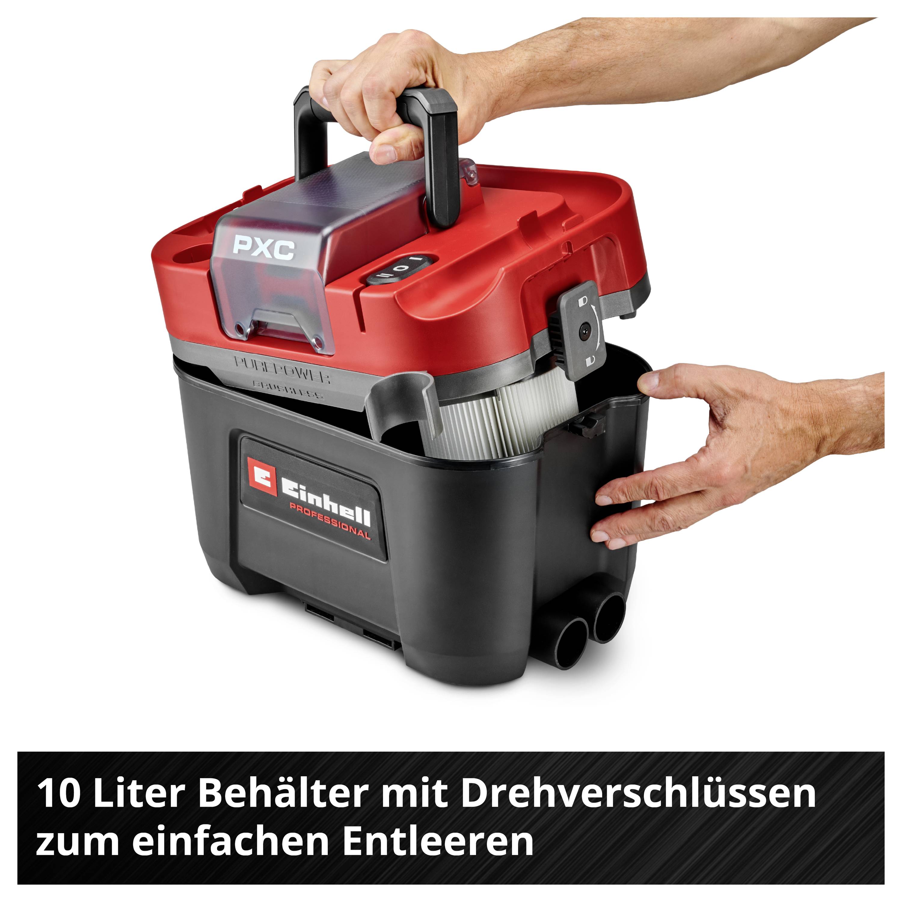 Aspirapolvere con maniglia rossa, serbatoio da 10 litri e chiusure a vite per uno svuotamento facile, marca Einhell.