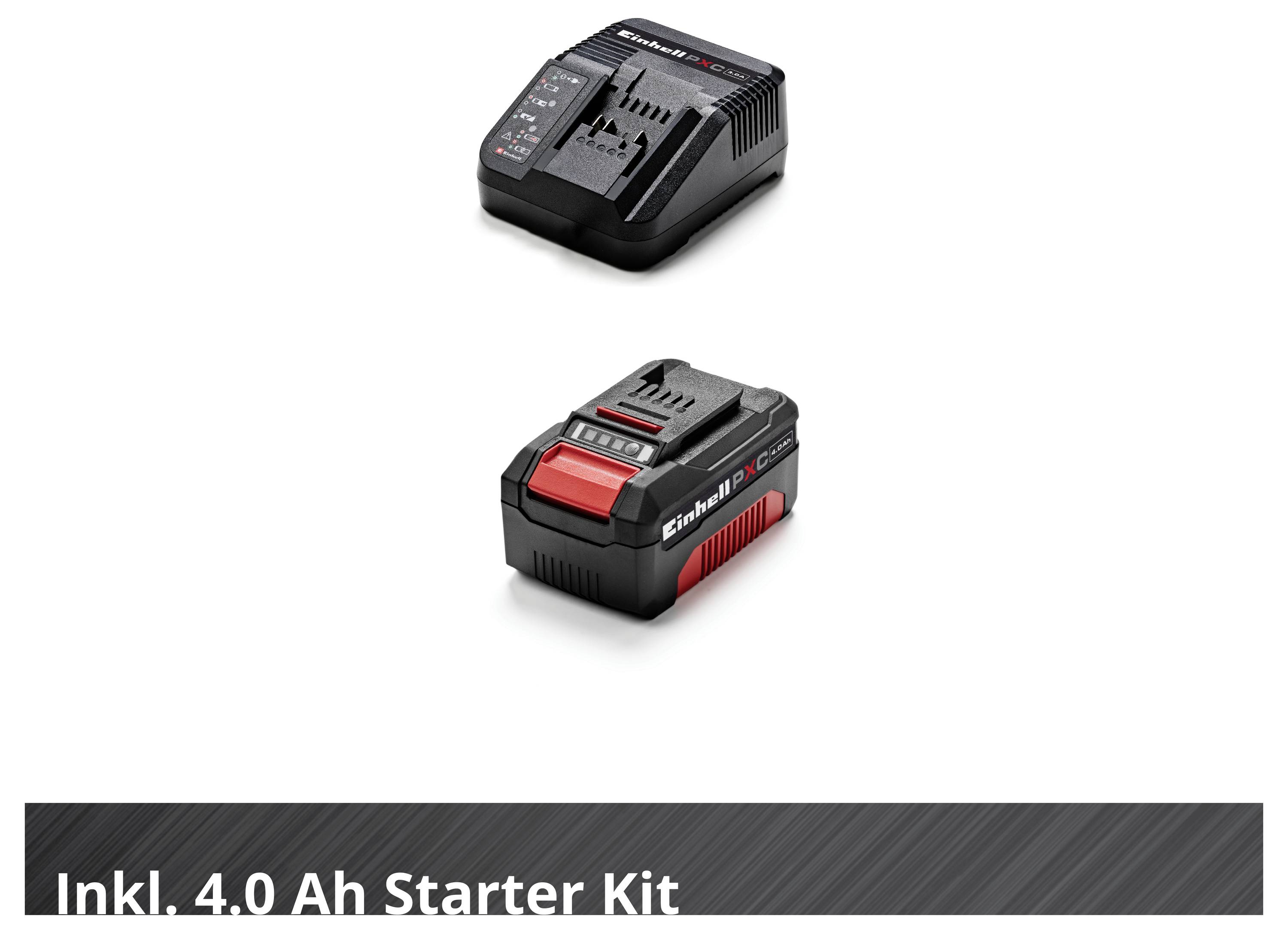 Kit di avviamento Einhell da 4,0 Ah con caricabatterie e batteria illustrati.