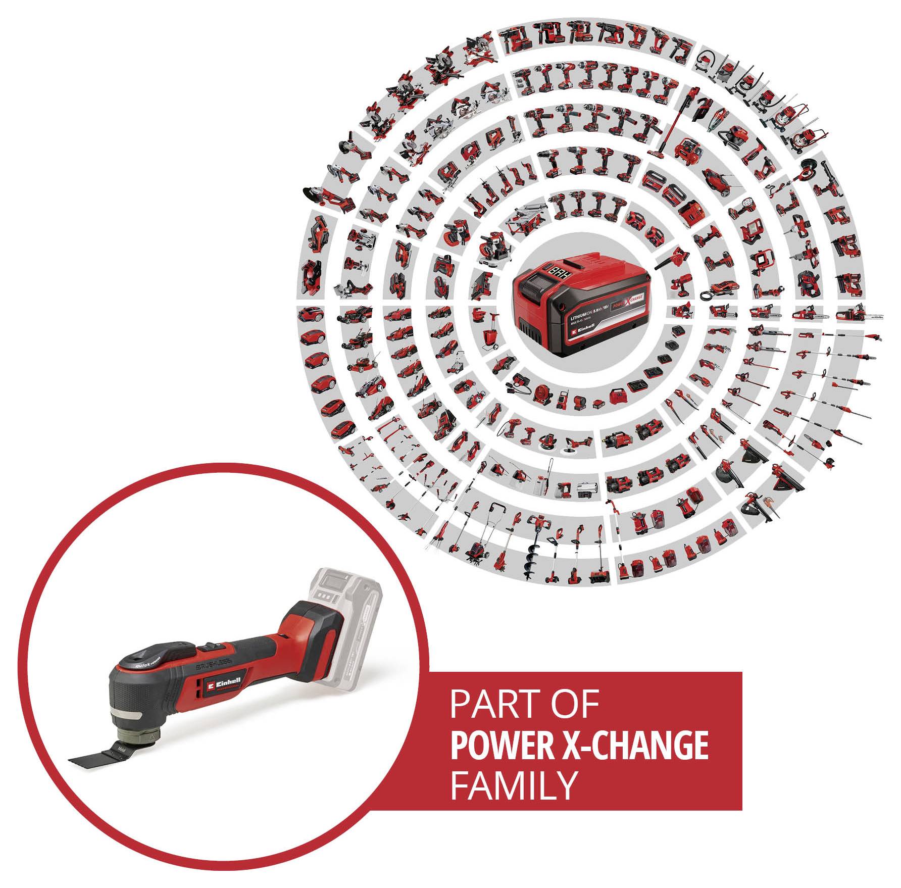 Una serie di diversi utensili elettrici circonda una batteria centrale, evidenziando la varietà della famiglia Power X-Change, con uno strumento in primo piano.