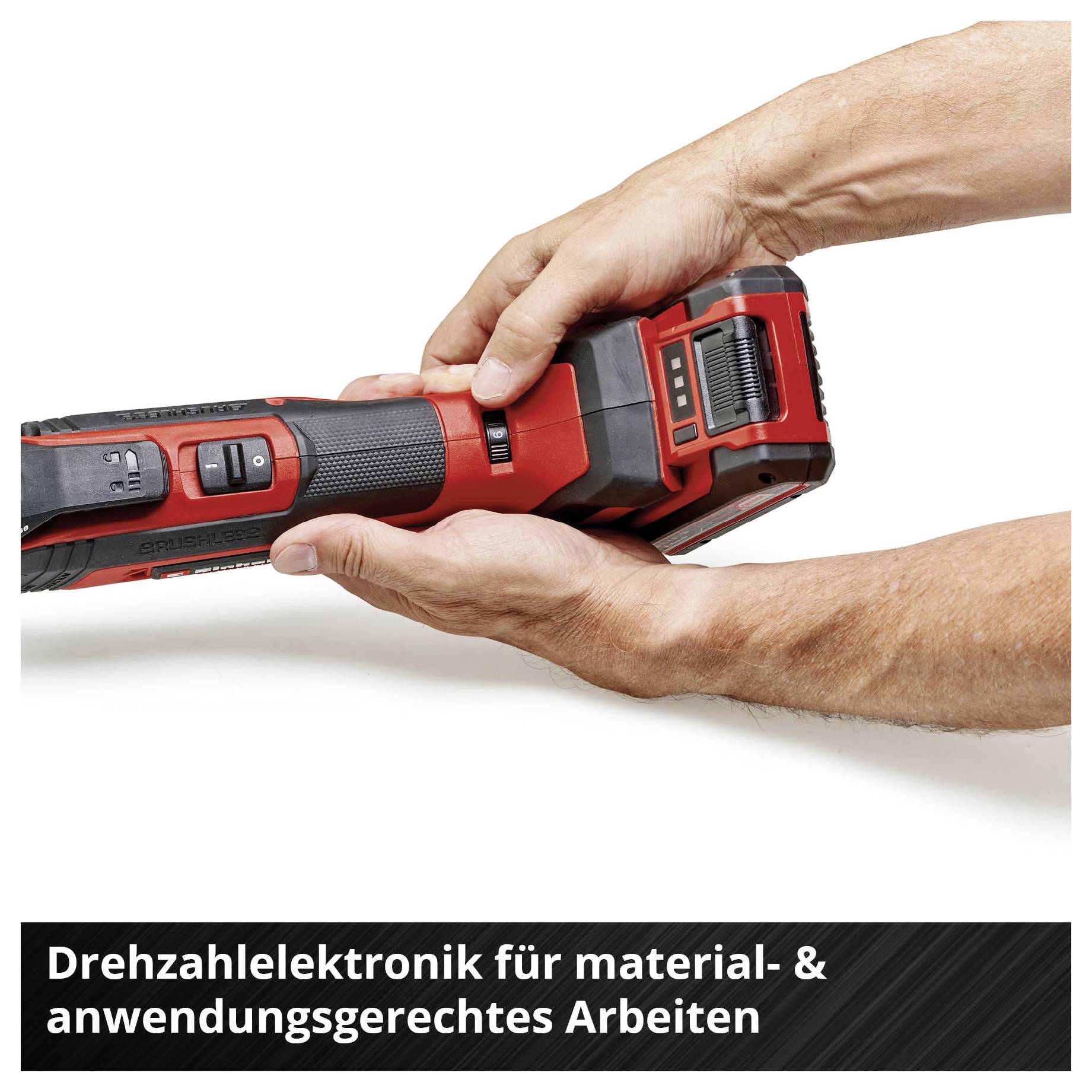 La mano tiene un taladro atornillador rojo con opciones de ajuste. Texto en el borde inferior: 'Electrónica de velocidad para trabajo apropiado para el material y la aplicación'.