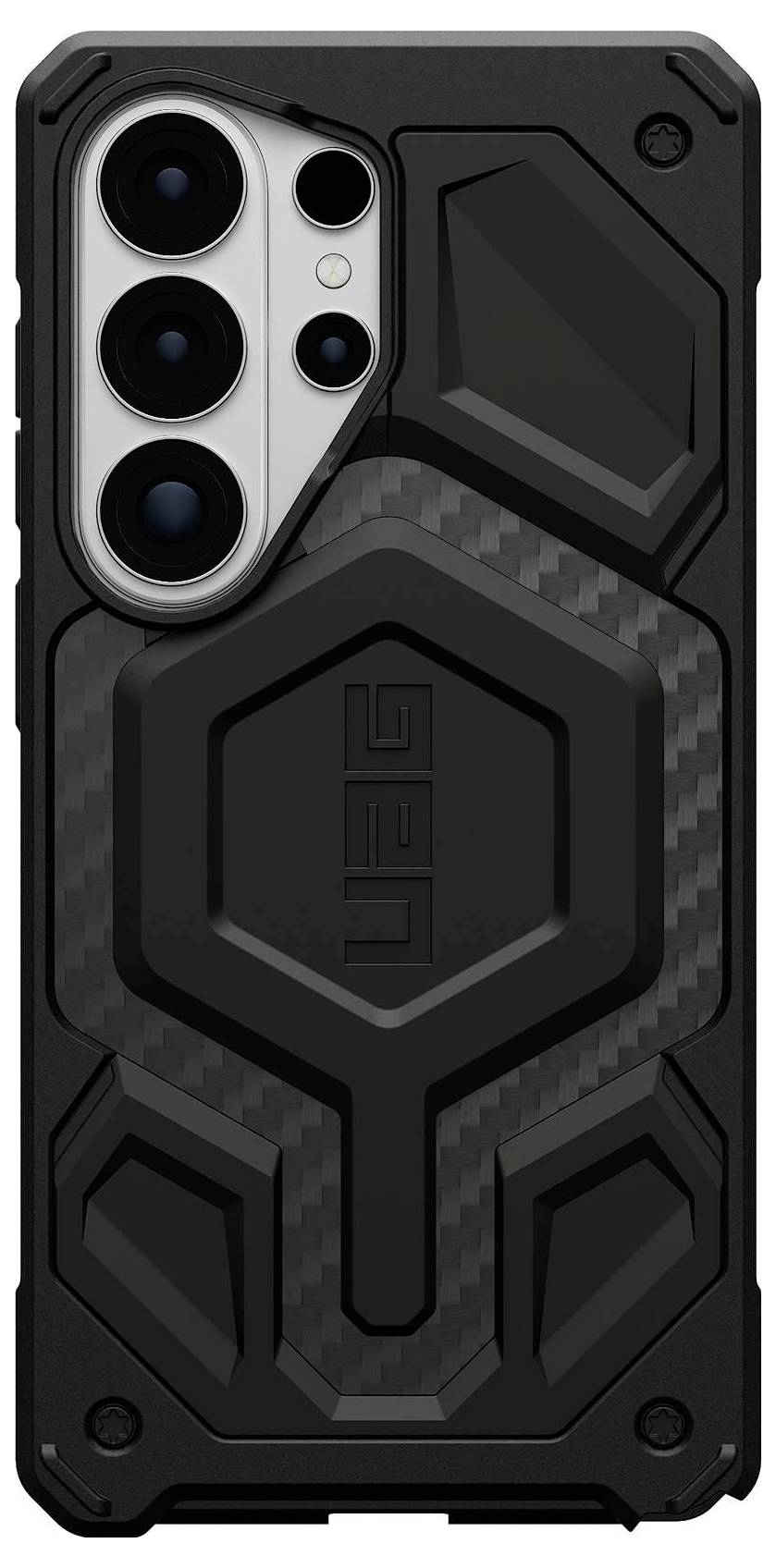 'Custodia per telefono nera robusta con texture geometriche e ampio ritaglio per la fotocamera.'