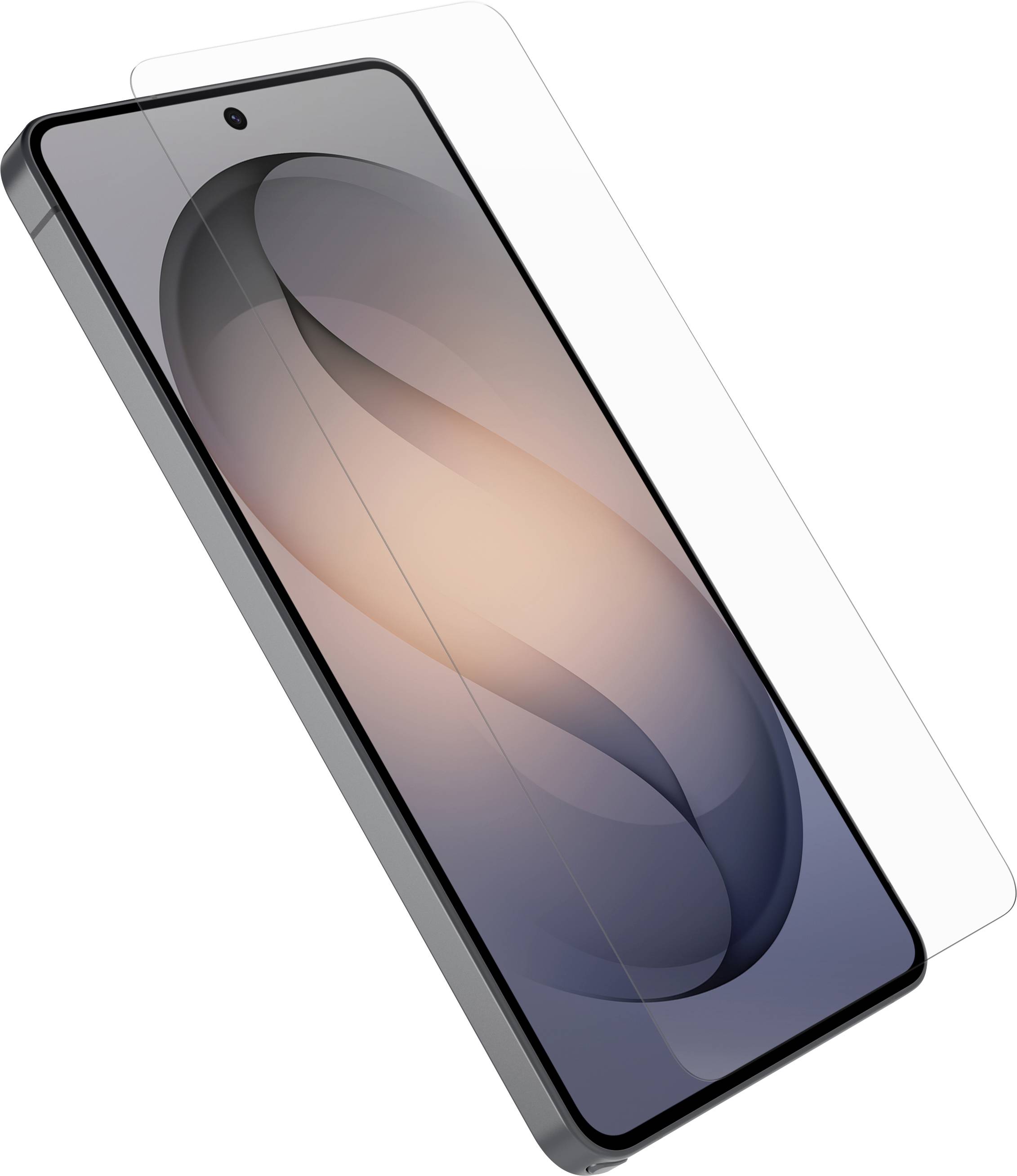 Uno smartphone mostrato da una prospettiva angolata con una protezione dello schermo trasparente allineata sopra di esso su uno sfondo bianco.