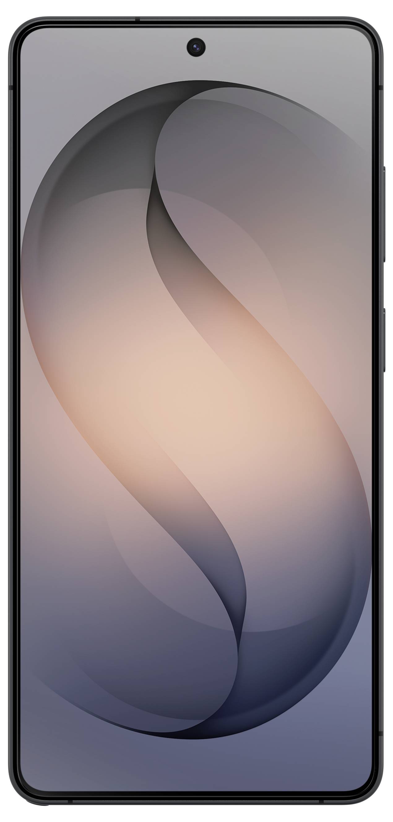 Vista frontale di uno smartphone nero con una fotocamera punch-hole centrata e uno sfondo astratto blu-grigio e pesca sullo schermo.