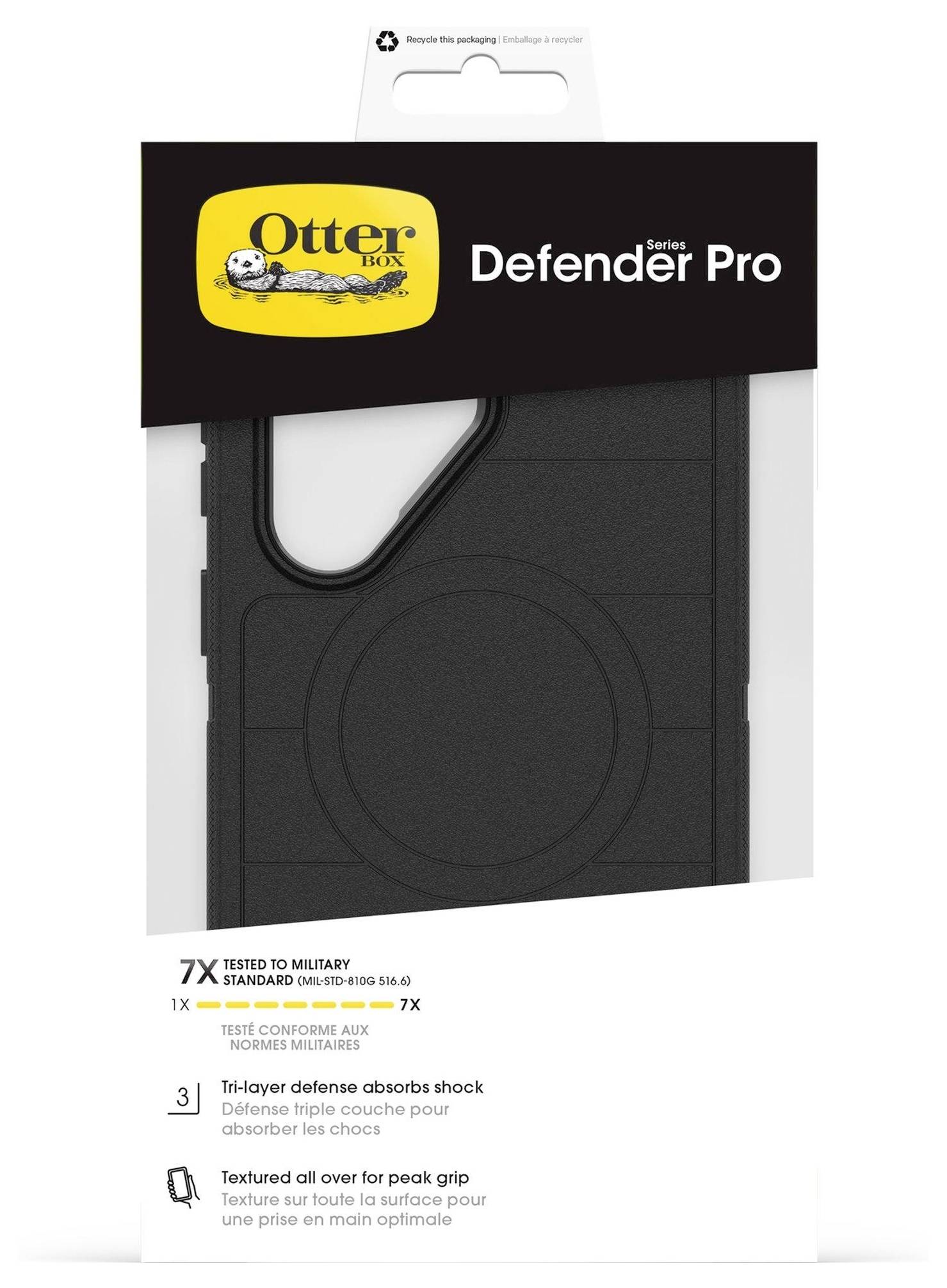 Confezione di custodia per telefono con 'OtterBox Defender Pro Series', che mostra custodia nera con ritaglio per la fotocamera, evidenzia 'assorbimento degli urti' e 'grip texture'.