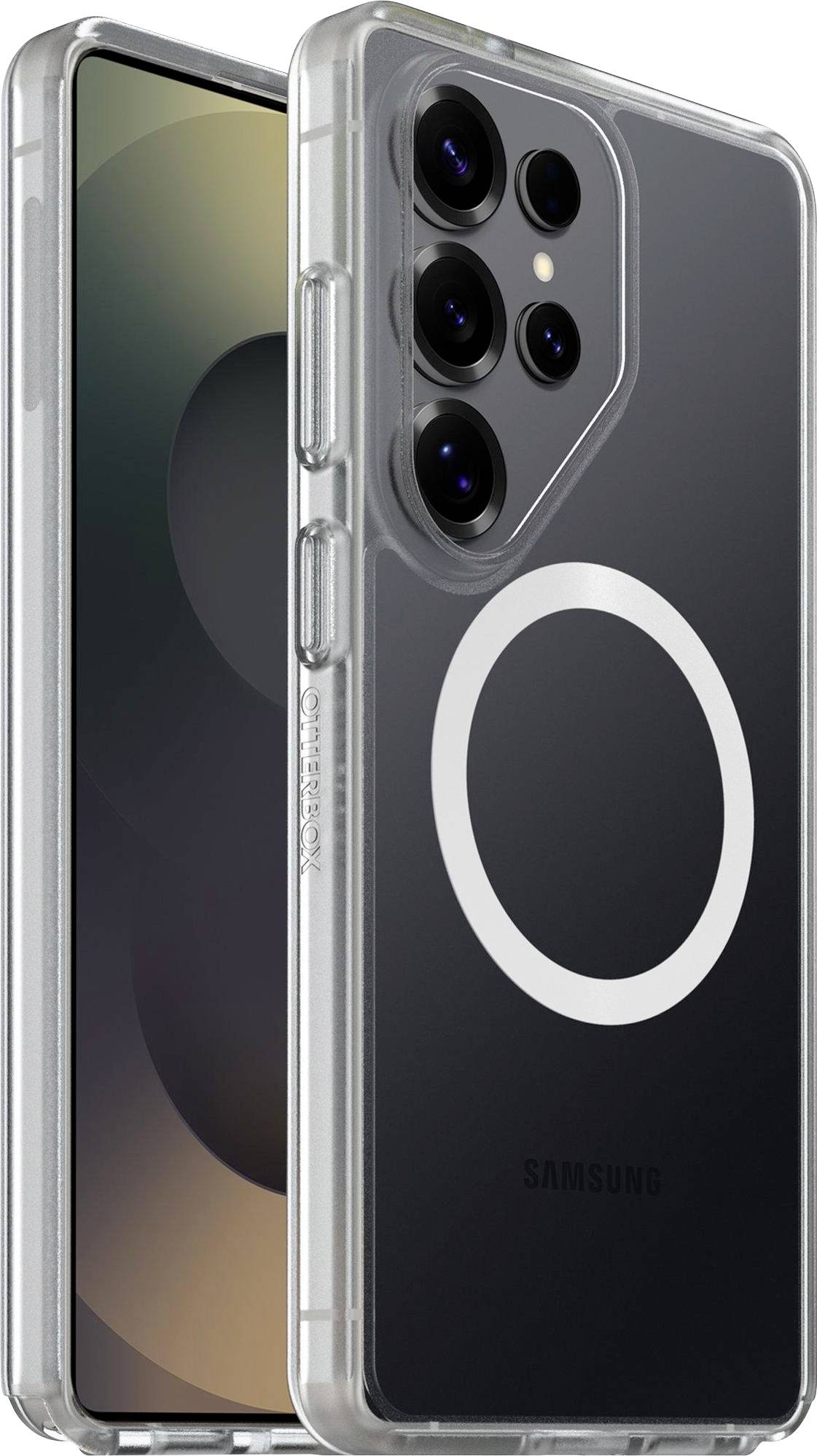 Una custodia per telefono trasparente che mostra uno smartphone con un sistema multi-fotocamera sul retro. Un design circolare è visibile sulla custodia.