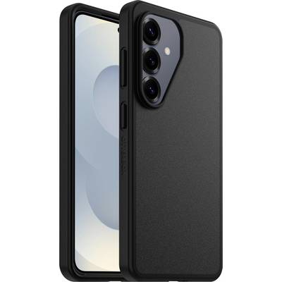 Uno smartphone nero elegante con tre lenti della fotocamera sul retro, contenuto in una custodia protettiva, inclinato per mostrare sia il retro che lo schermo.