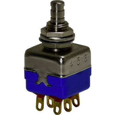 Un interruttore meccanico in metallo con base blu e sei connettori dorati, utilizzato per circuiti elettronici.