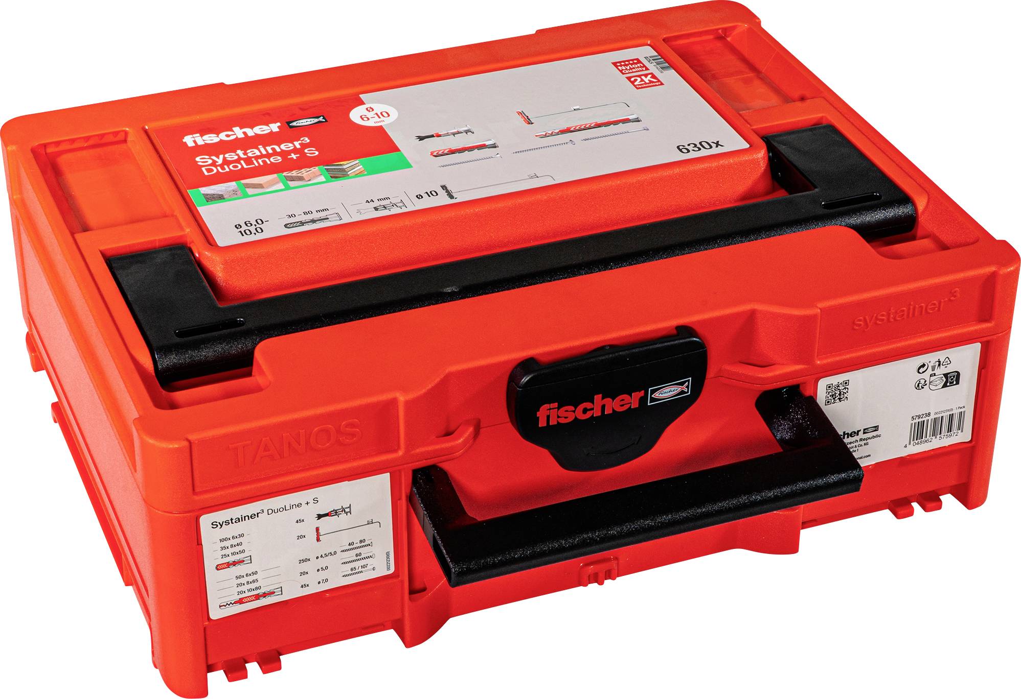 Una scatola organizzatrice Fischer arancione con un'etichetta 'SysLine DDuoline', che mostra scomparti di archiviazione per il fissaggio di attrezzi e piccoli oggetti.