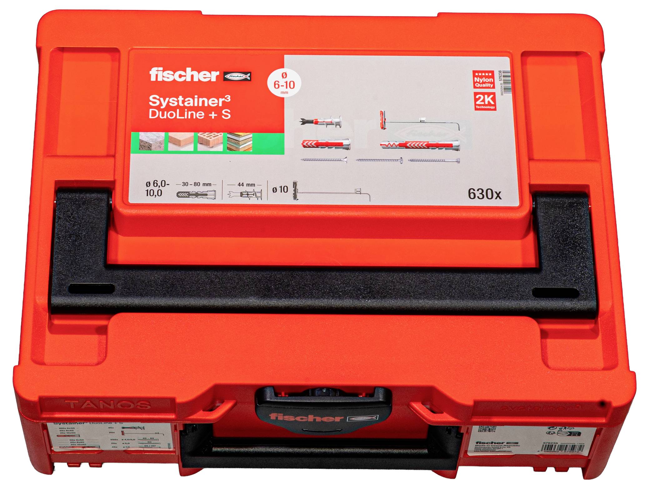 Una cassetta attrezzi rossa etichettata 'Systainer DuoLine+S' di Fischer, con immagini di prodotto e specifiche tecniche per tasselli da parete. Maniglia superiore e branding visibili.
