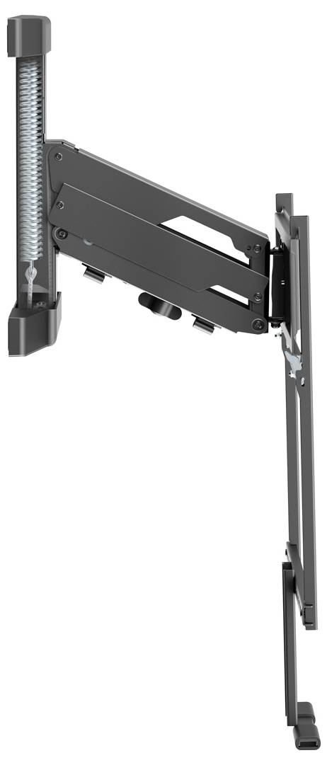 Un supporto da parete per TV a schermo piatto con braccio regolabile e finitura nera elegante, mostrato da un profilo laterale per illustrare le funzioni di inclinazione e estensione.