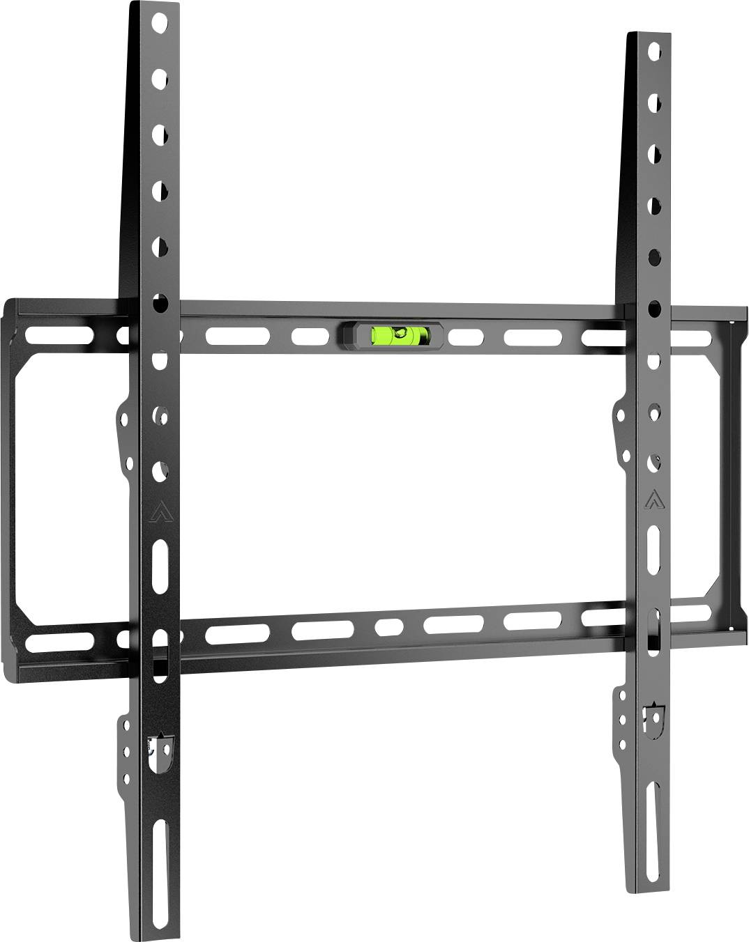 Supporto a parete per televisori con staffa regolabile e livella a bolla integrata per un allineamento preciso.