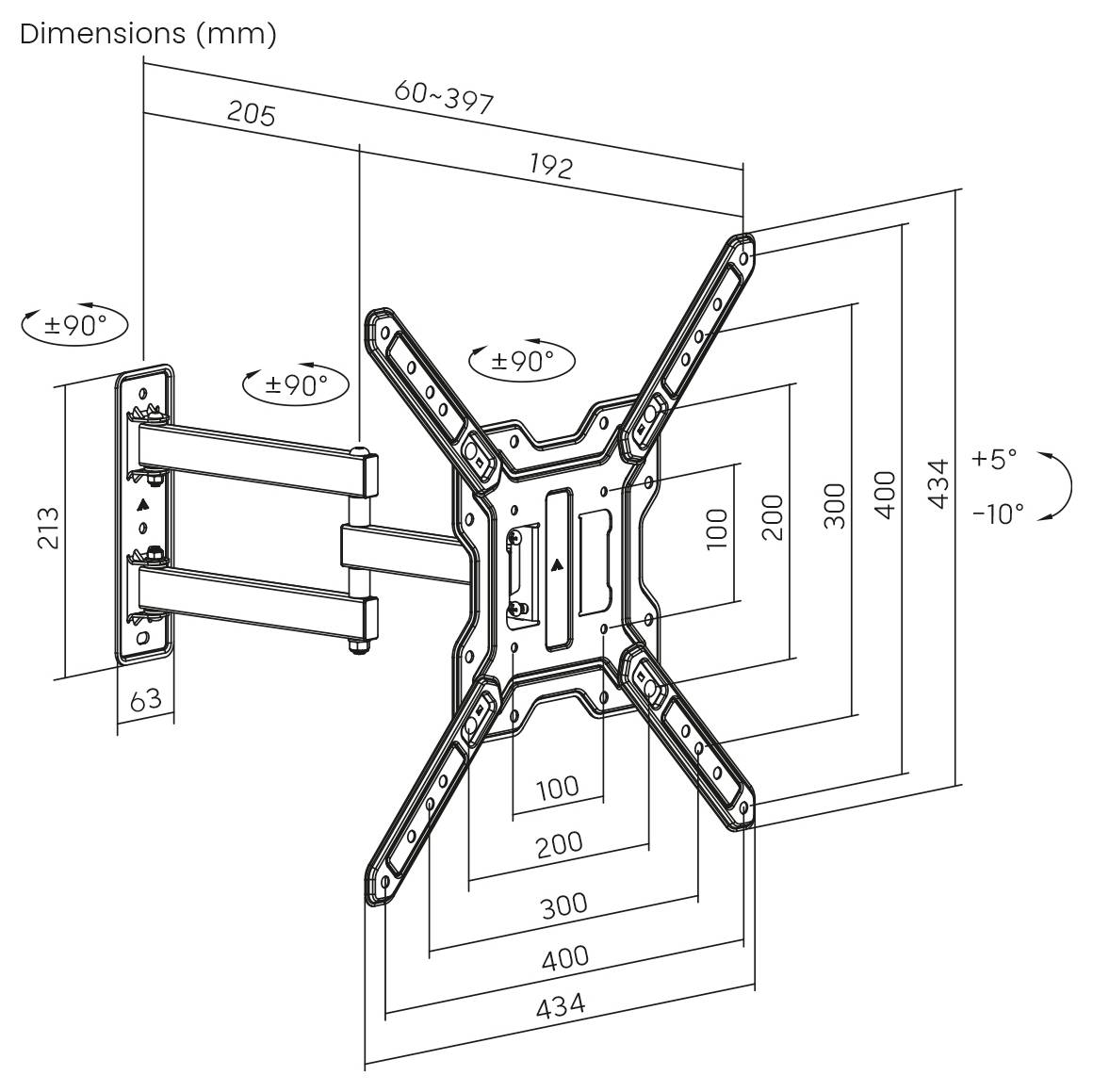 Supporto TV da parete con braccio regolabile, dimensioni dettagliate in millimetri. Consente rotazione fino a ±90° e inclinazione ±5°. Adatto per standard VESA.