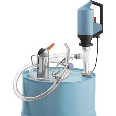 Tamburo industriale blu con una pompa elettrica montata in cima. La pompa è dotata di una maniglia e di un tubo, che indicano la capacità di trasferimento dei fluidi.