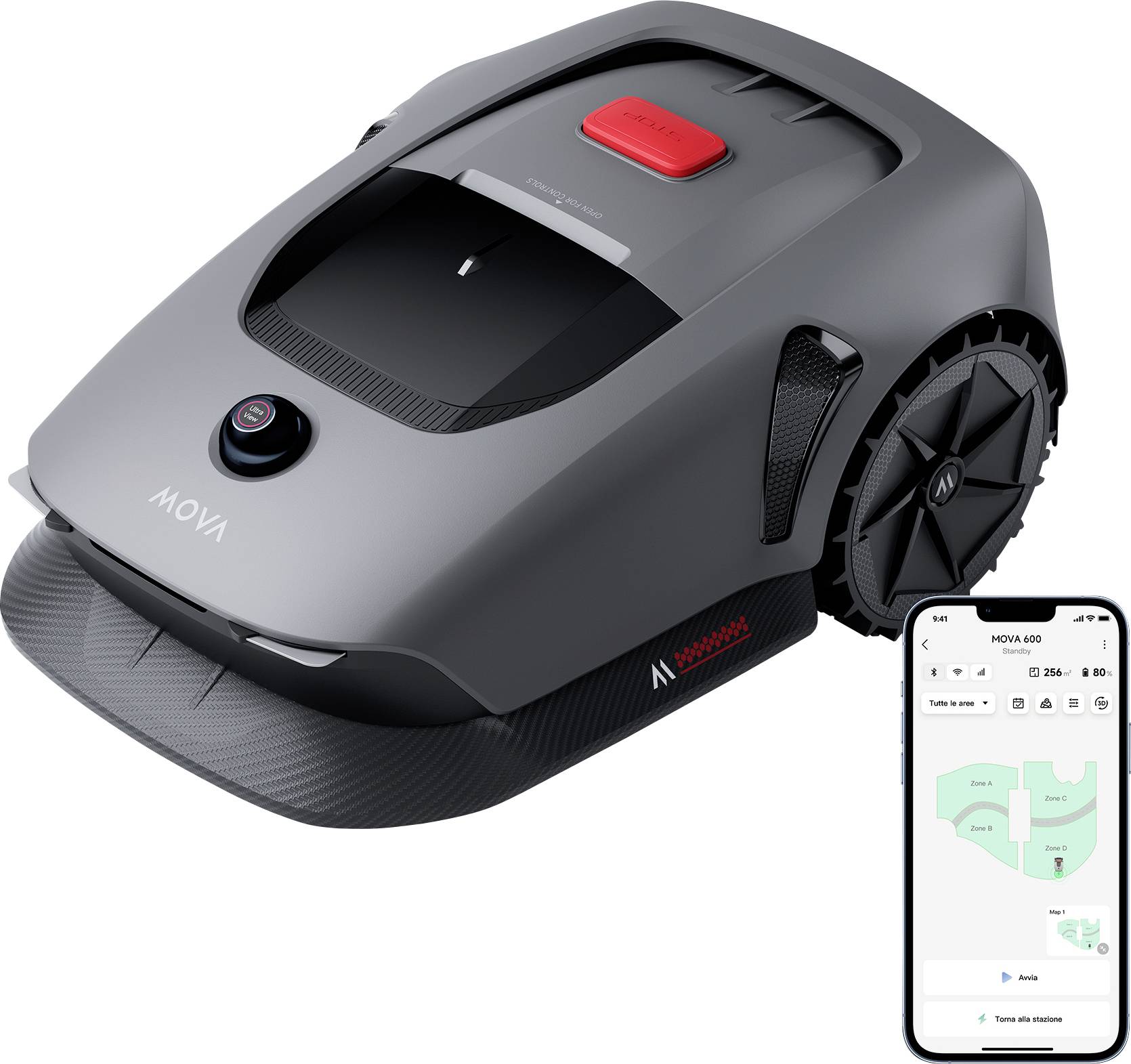 Tagliaerba robotico con design elegante accanto a uno smartphone che visualizza la sua app di controllo, che illustra la funzionalità remota e le caratteristiche di navigazione intelligente.