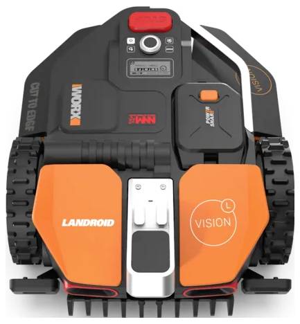 Un tosaerba robotico autonomo con accenti arancioni etichettato 'WORX' e 'LANDROID,' dotato di una fotocamera e interfaccia di controllo sulla parte superiore.