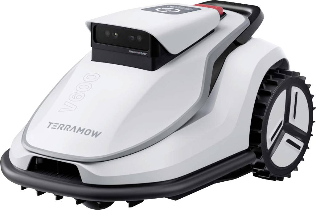 Rasaerba autonomo su ruote con telecamera e sensori, etichettato 'TERAMOW V600,' progettato per il taglio automatico dell'erba.