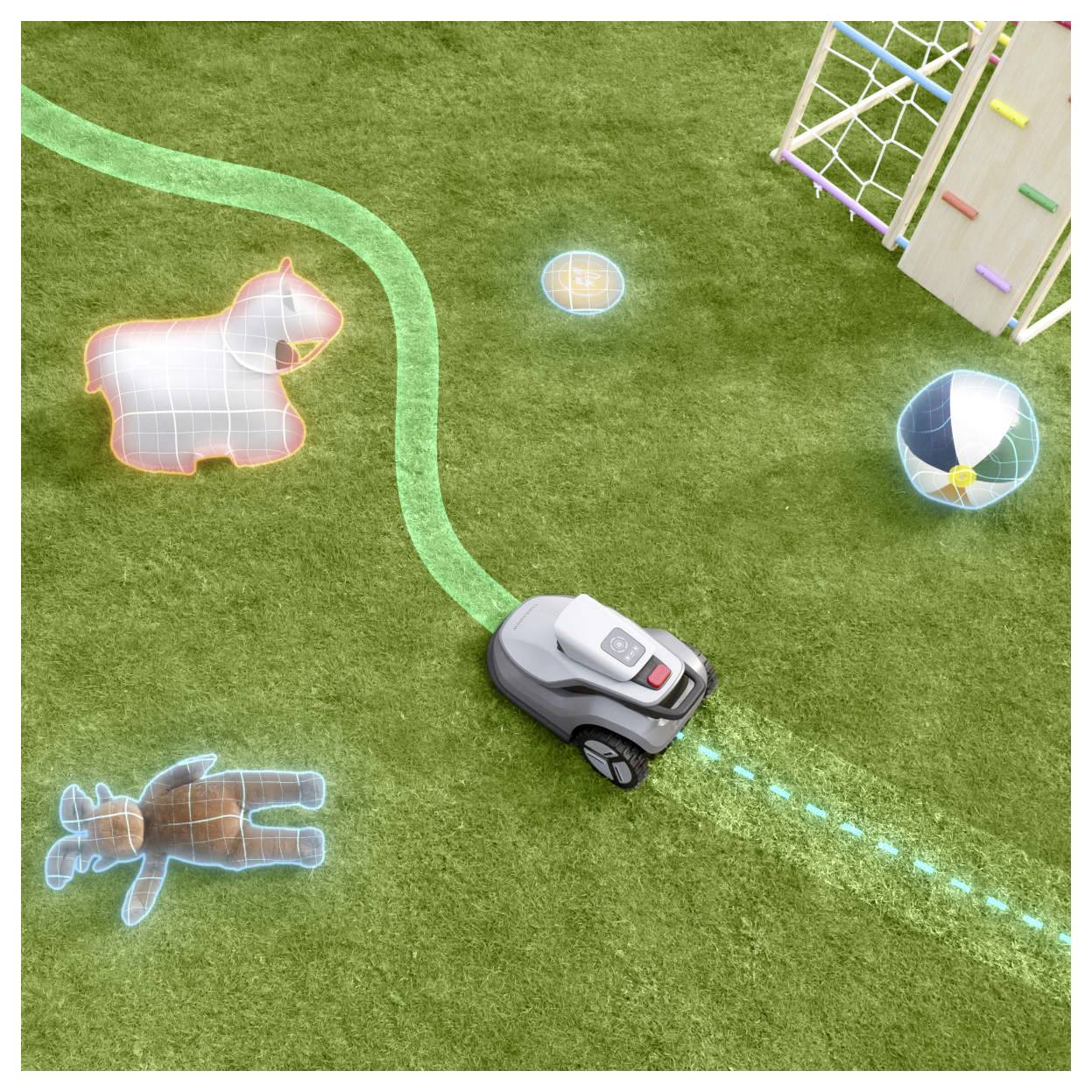 Un tagliaerba robotico naviga intorno a ostacoli olografici sull'erba. Nelle vicinanze ci sono contorni virtuali di giocattoli e una rete da arrampicata con una palla.