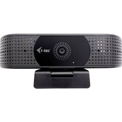 Una webcam i-tec nera con un obiettivo al centro, circondata da fori per il microfono, montata su una clip, utilizzata per videochiamate o streaming.