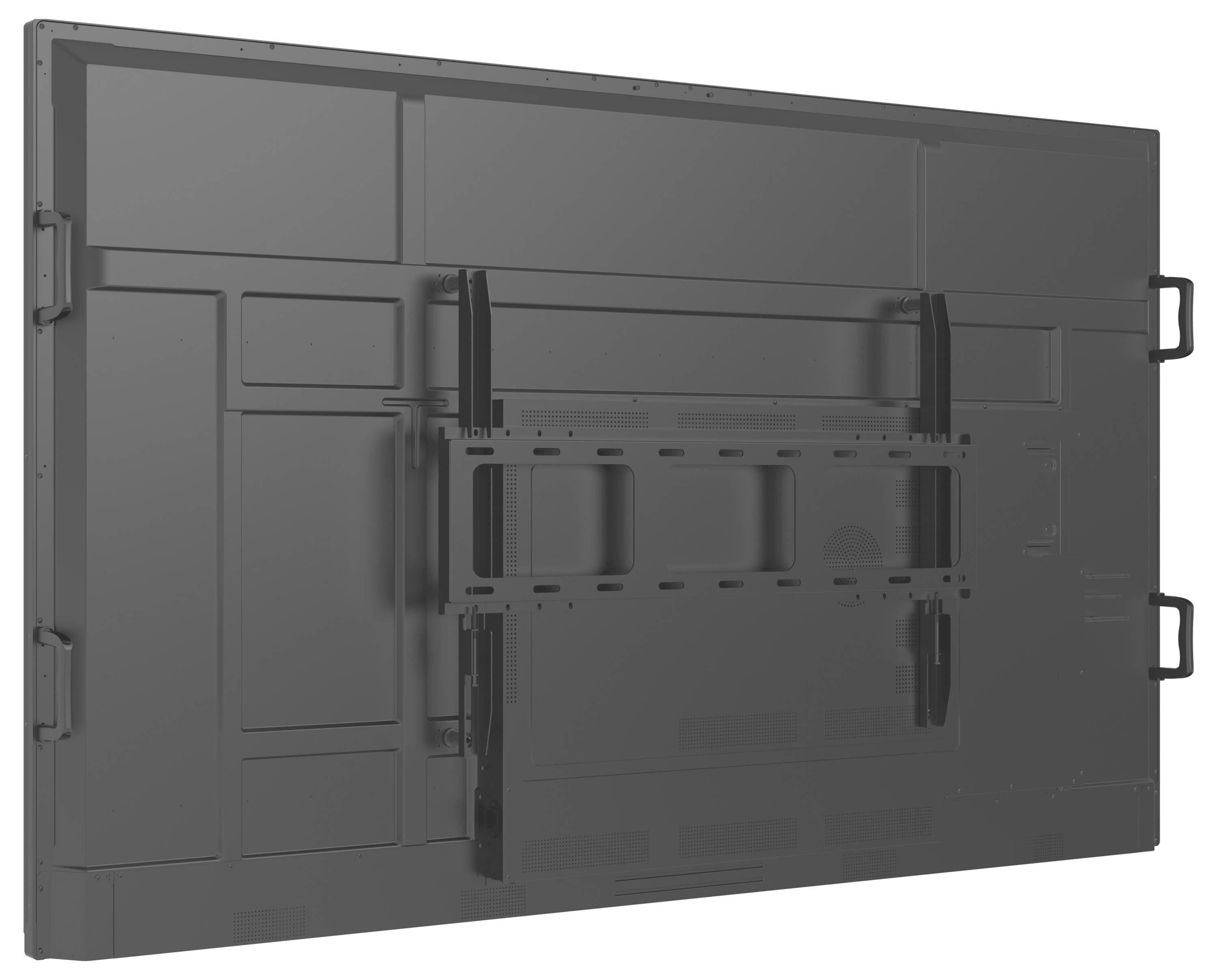 Vista posteriore di un grande schermo di visualizzazione elettronico rettangolare con supporti di montaggio e maniglie, a indicare che è pronto per l'installazione.