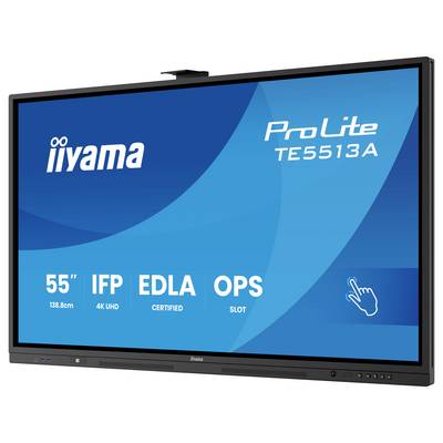 Pannello display piatto interattivo di Iiyama che mostra il modello 'ProLite TE5513A', dotato di uno schermo 4K UHD da 55 pollici con capacità touch.