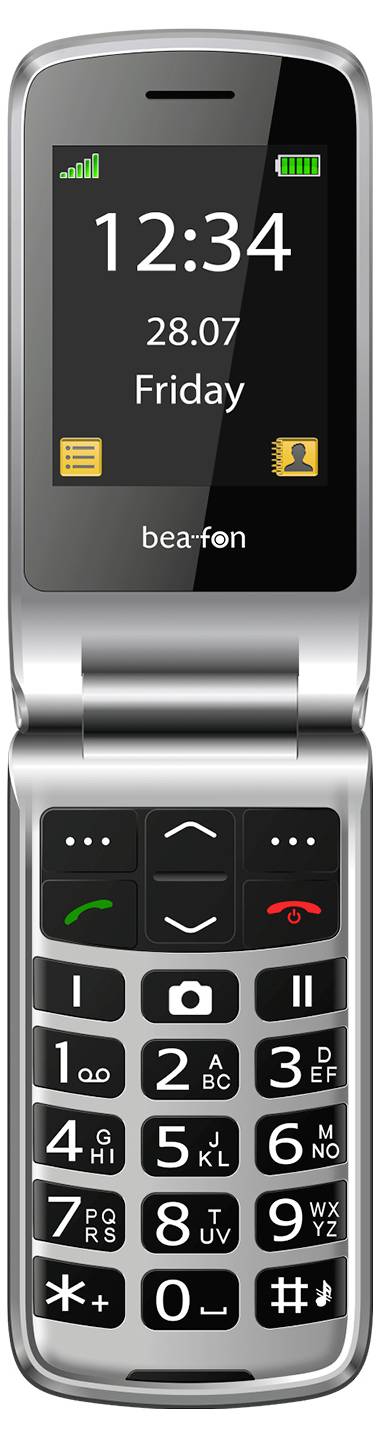 Un telefono a conchiglia color argento con uno schermo digitale che mostra l'ora '12:34' e la data '28.07 Venerdì'. Sotto ci sono grandi pulsanti fisici.