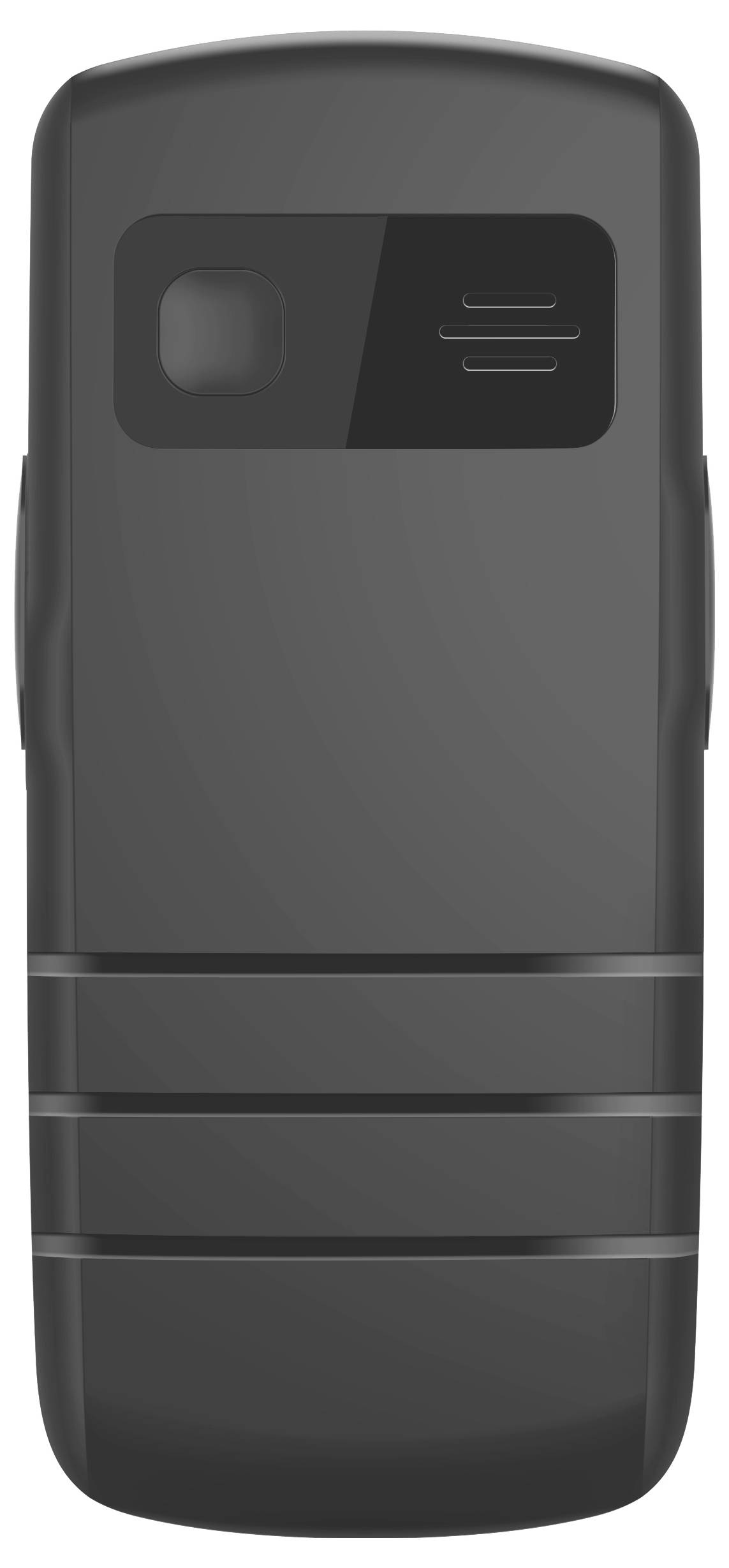 L'immagine mostra il retro di un classico telefono mobile nero con una piccola fotocamera quadrata e una griglia dell'altoparlante vicino alla parte superiore.
