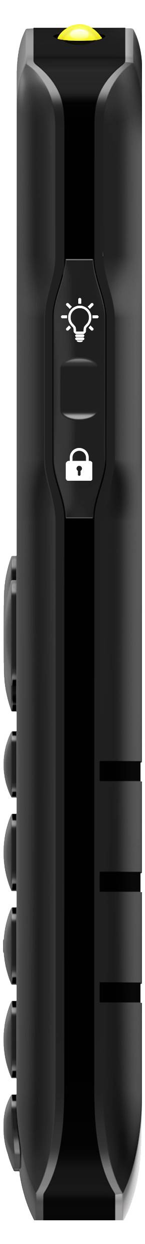 Un dispositivo elettronico nero, verticale con pulsanti sul lato e icone per luce e blocco sulla parte anteriore.