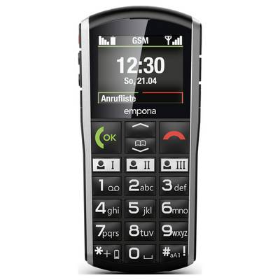 Un telefono cellulare con grandi pulsanti, uno schermo che visualizza '12:30' e 'So, 21.04', indicando facilità d'uso per gli utenti ipovedenti.