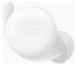 Un auricolare wireless bianco con la lettera 'G' impressa sulla superficie, caratterizzato da un design elegante e arrotondato.