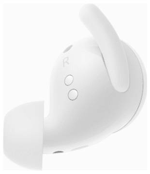 Un auricolare wireless bianco con gancio auricolare e due pulsanti, etichettati 'R' per destro, progettato per una vestibilità sicura e una qualità audio ottimale.