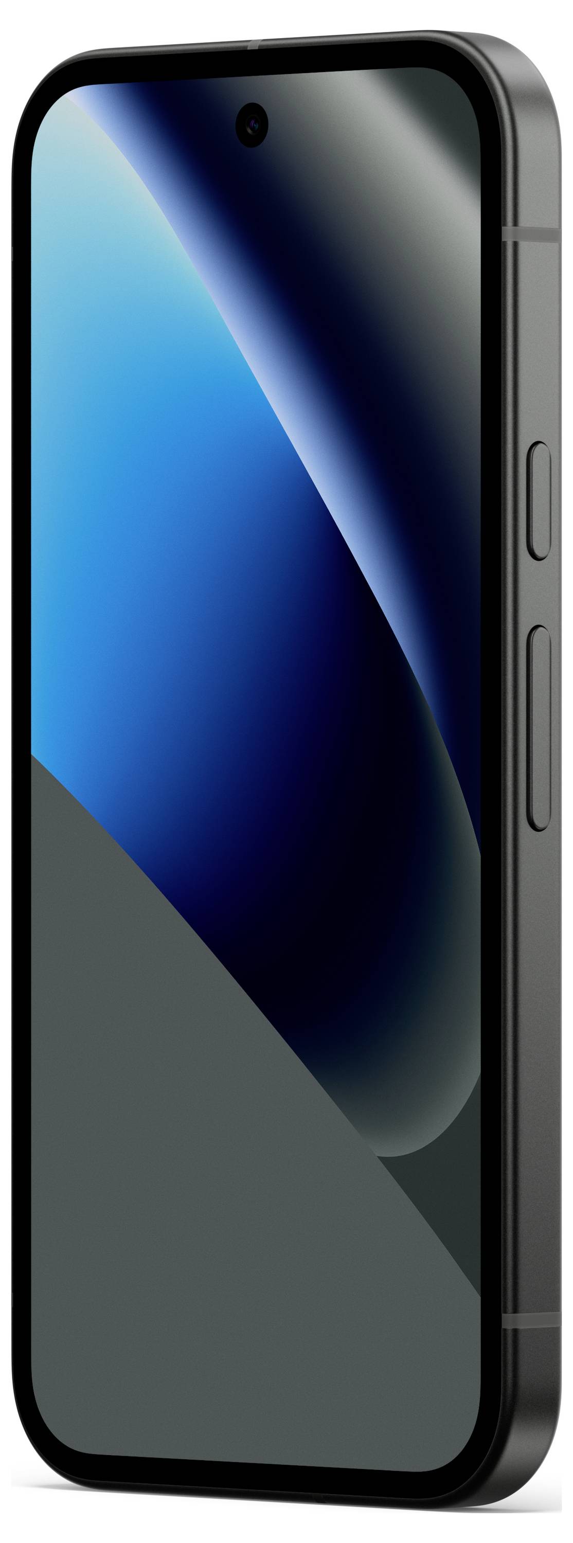 Uno smartphone moderno con cornice nera, caratterizzato da un ampio schermo lucido edge-to-edge, è esposto in posizione verticale, mostrando uno sfondo a tema blu.
