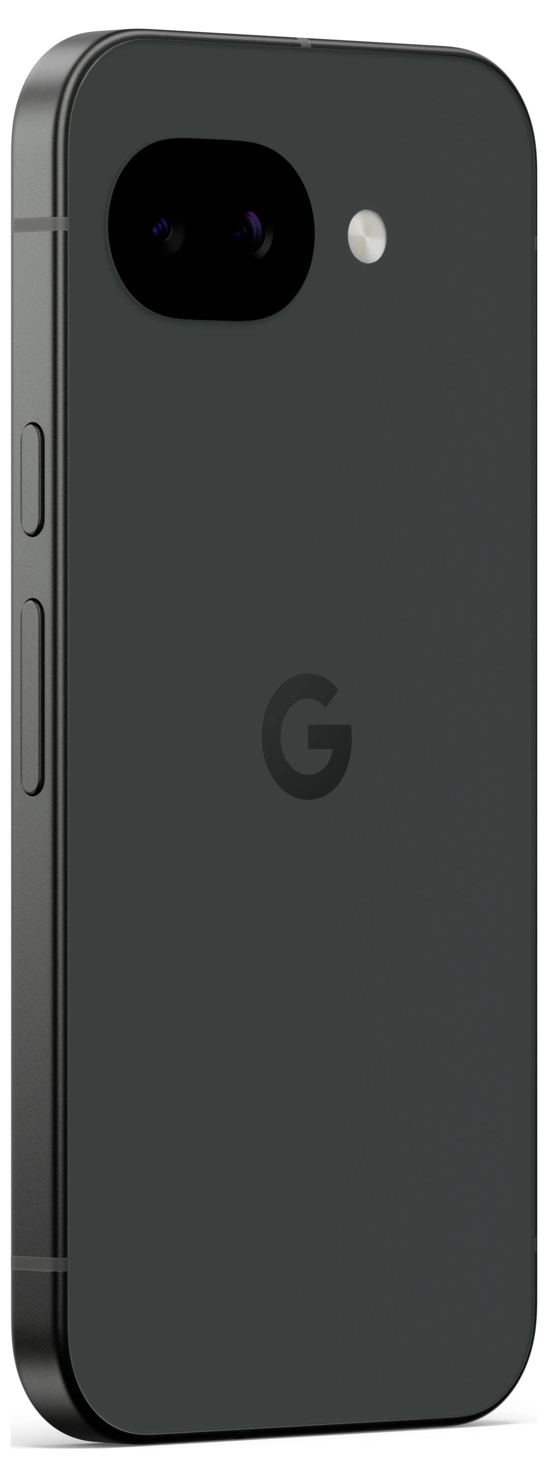 Un elegante smartphone nero mostrato da dietro, caratterizzato da un singolo obiettivo della fotocamera e flash, con un logo 'G' al centro.