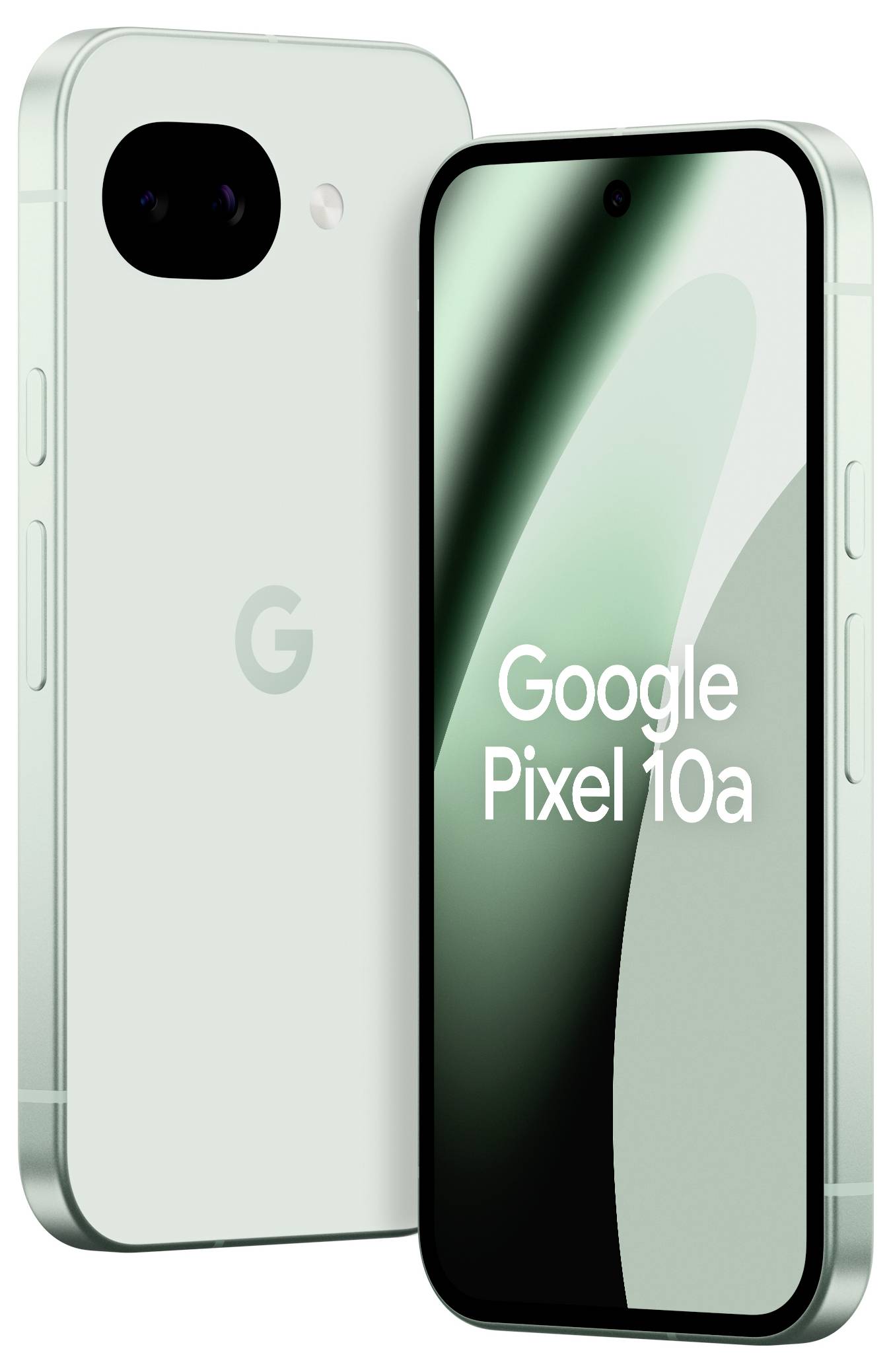 Smartphone Google Pixel 10a verde che mostra il suo display frontale con il testo 'Google Pixel 10a' e la fotocamera posteriore in un design elegante.