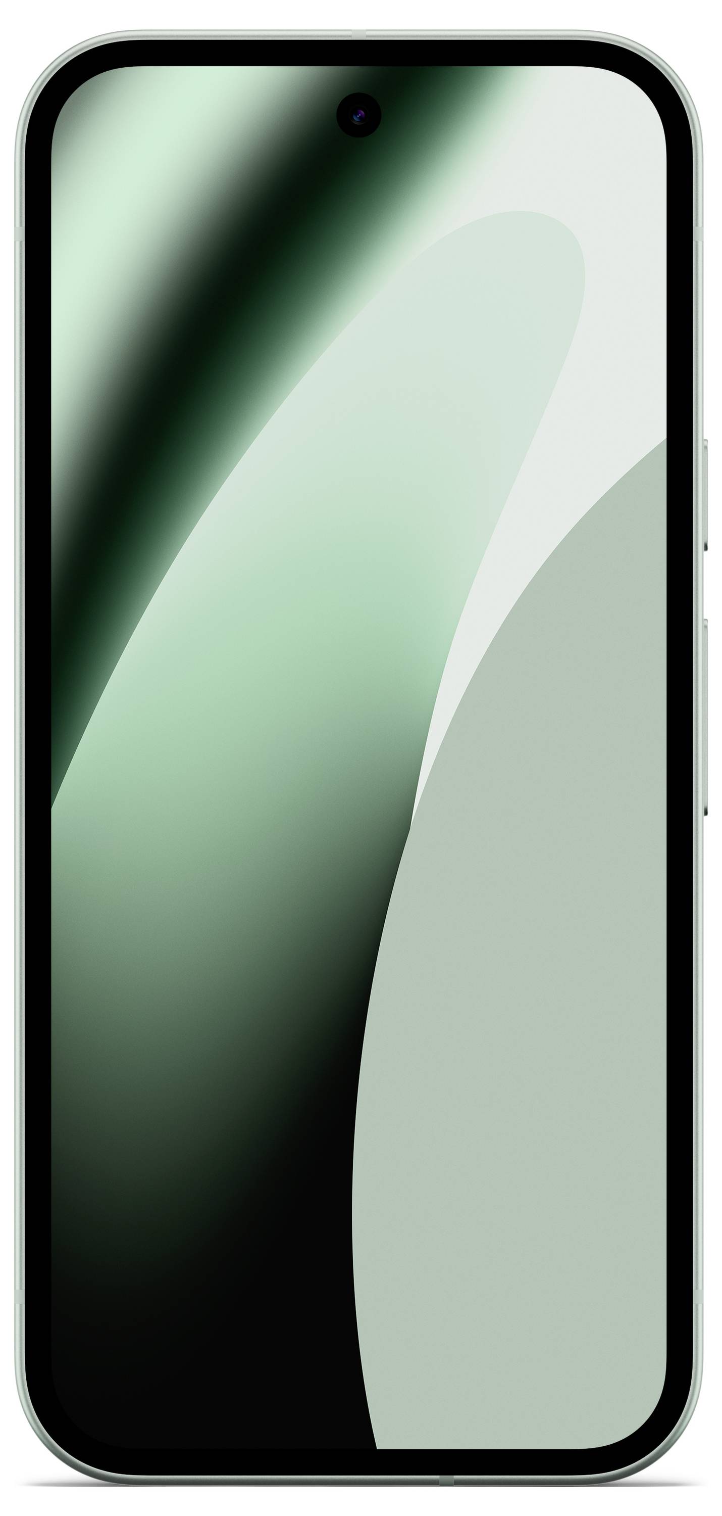 Uno smartphone elegante con un grande display colorato che mostra curve astratte verdi e nere sullo schermo, probabilmente che illustra uno sfondo.