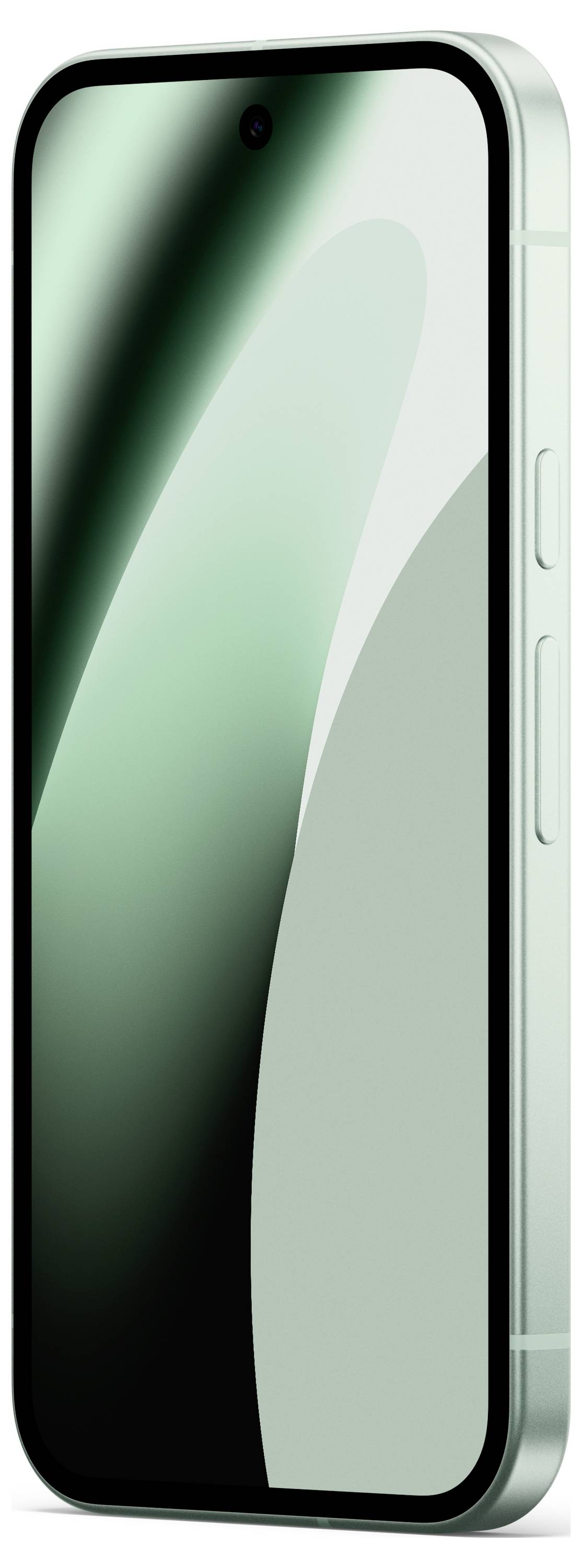 Uno smartphone moderno con un retro dal elegante gradiente verde mostrato in angolazione, che evidenzia il suo design sottile e i bordi arrotondati.
