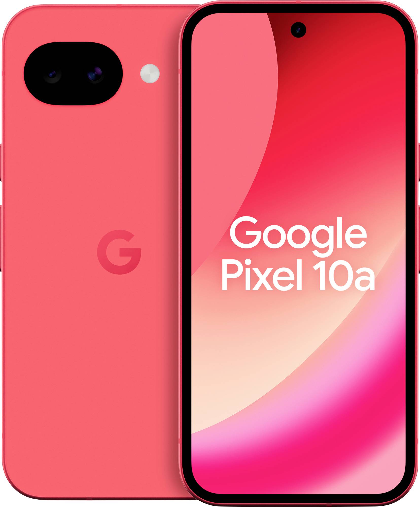 Uno smartphone Google Pixel 10a rosa che mostra il fronte e il retro. Lo schermo visualizza 'Google Pixel 10a' con uno sfondo a gradiente rosso.
