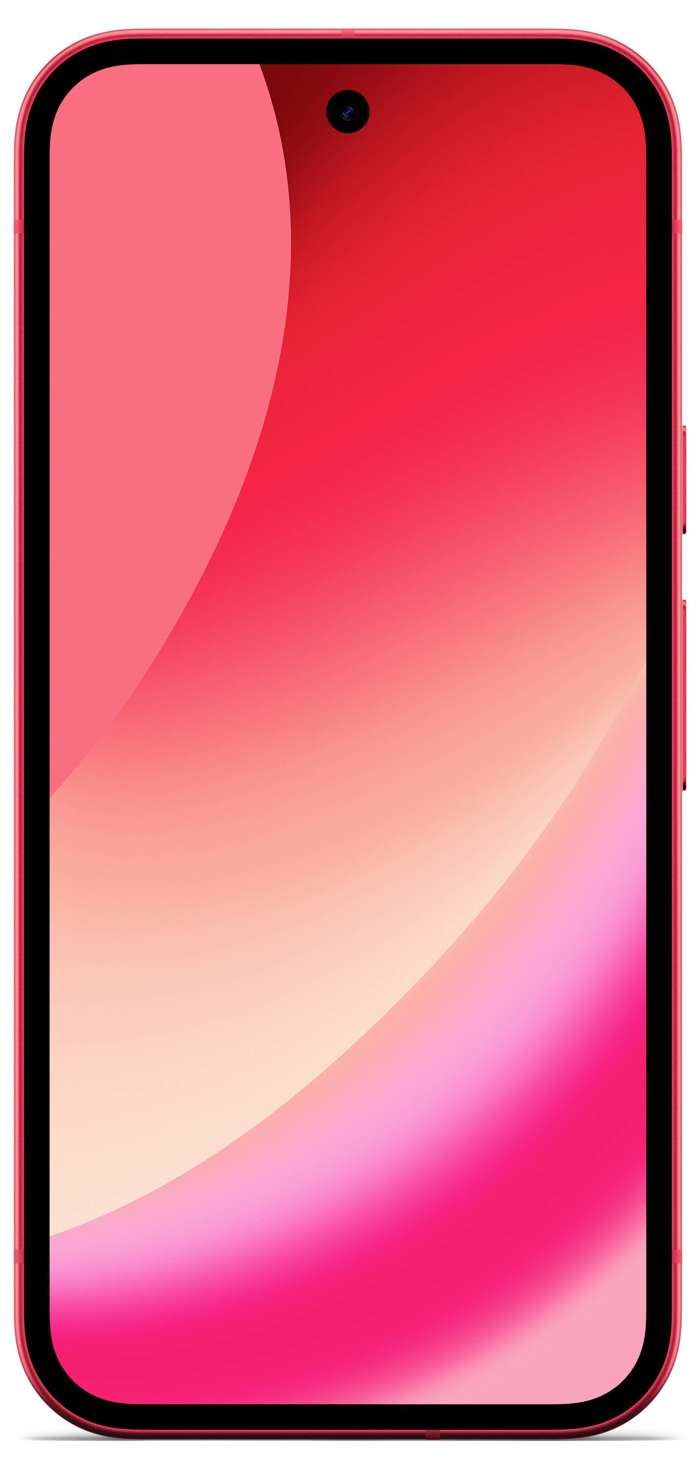 Uno smartphone con uno schermo con sfumatura vivace rosso e rosa e una singola fotocamera frontale al centro in alto. Il telefono ha una cornice rossa.