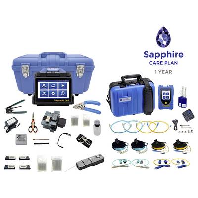Immagine di un kit di strumenti per fibre ottiche che presenta vari attrezzi e accessori per l'installazione e la manutenzione. Include un Sapphire Care Plan per 1 anno.