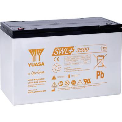 Una batteria al piombo acido rettangolare bianca con testo e simboli arancioni sul lato, etichettata 'YUASA SWL 3500', progettata per uso in standby.