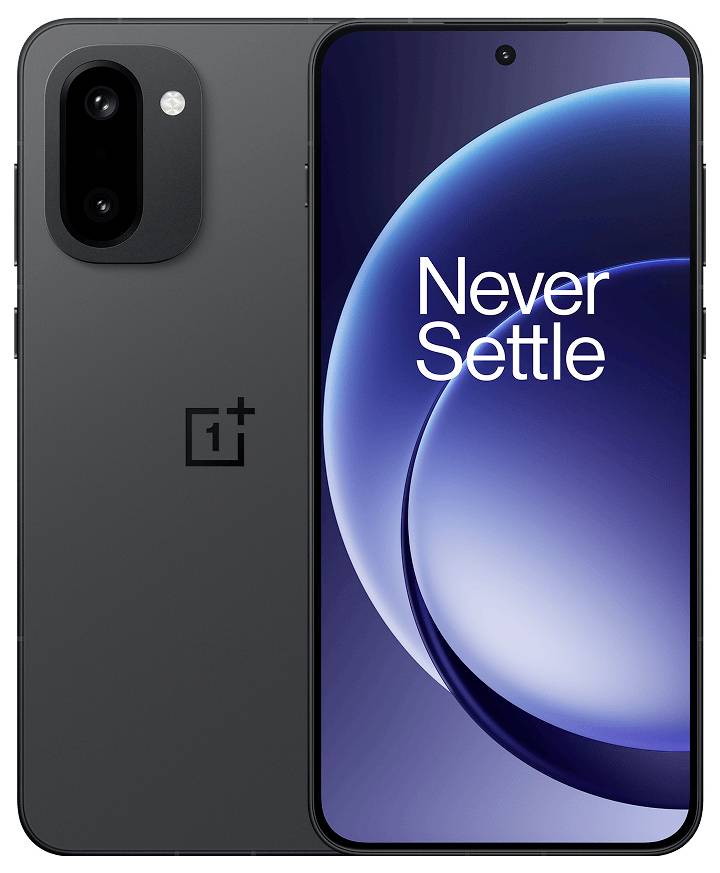 Uno smartphone che mostra "Never Settle" sullo schermo, caratterizzato da una doppia fotocamera sul retro con un design minimalista e elegante.