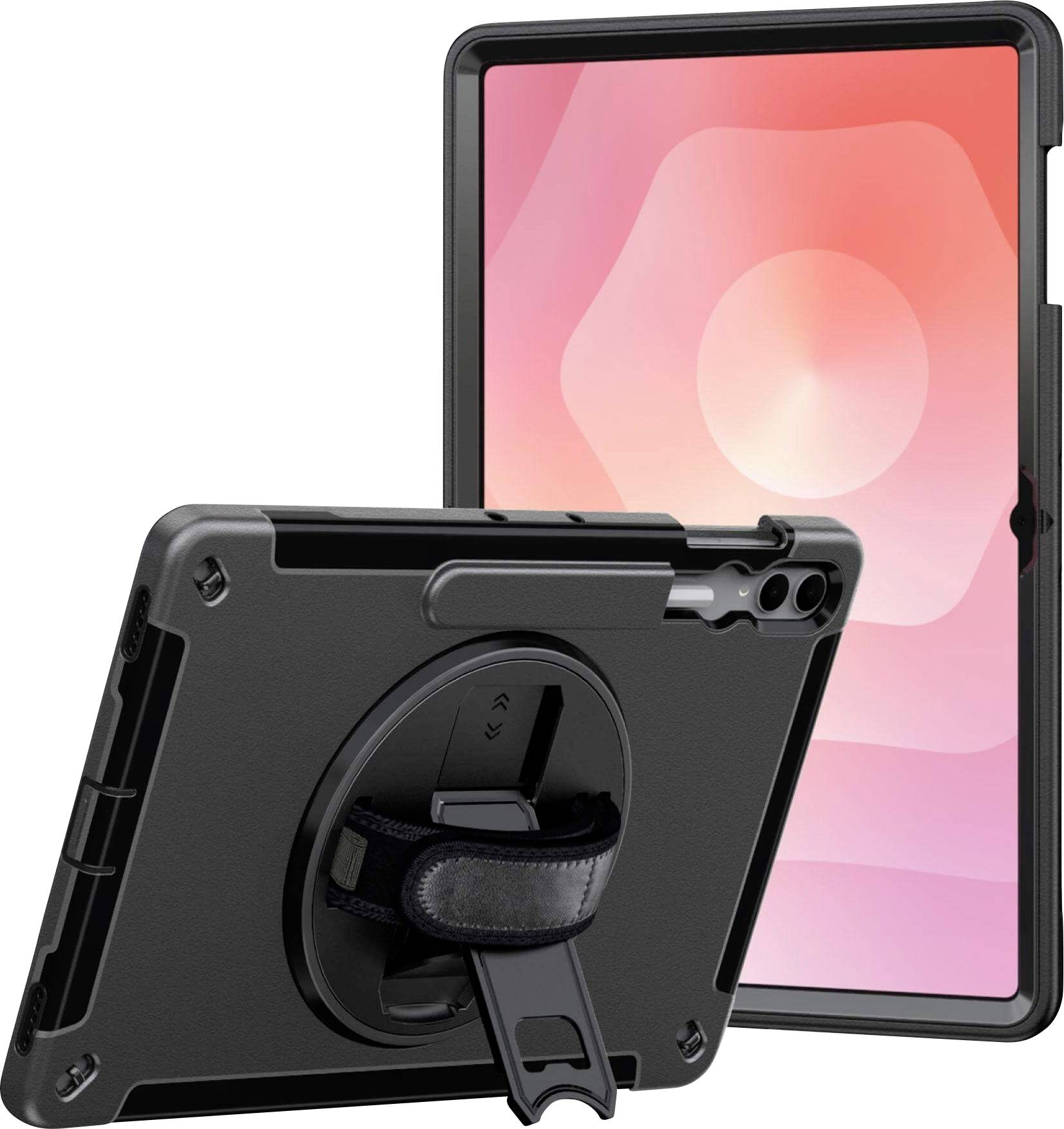 Custodia tablet nera con cinghia a mano rotante e supporto, che mostra sia il fronte che il retro. Il fronte mostra un tablet con schermo con gradiente rosa.