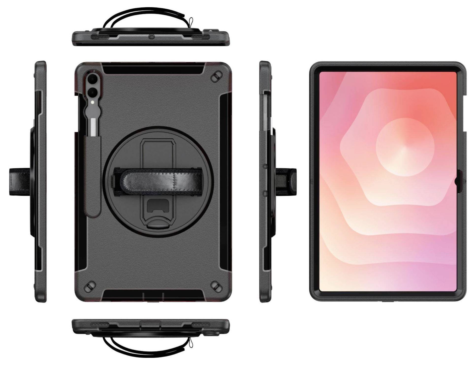 Custodia protettiva nera per tablet con cinghia rotante e supporto per le mani, mostrata da più angolazioni, con display dello schermo vibrante.