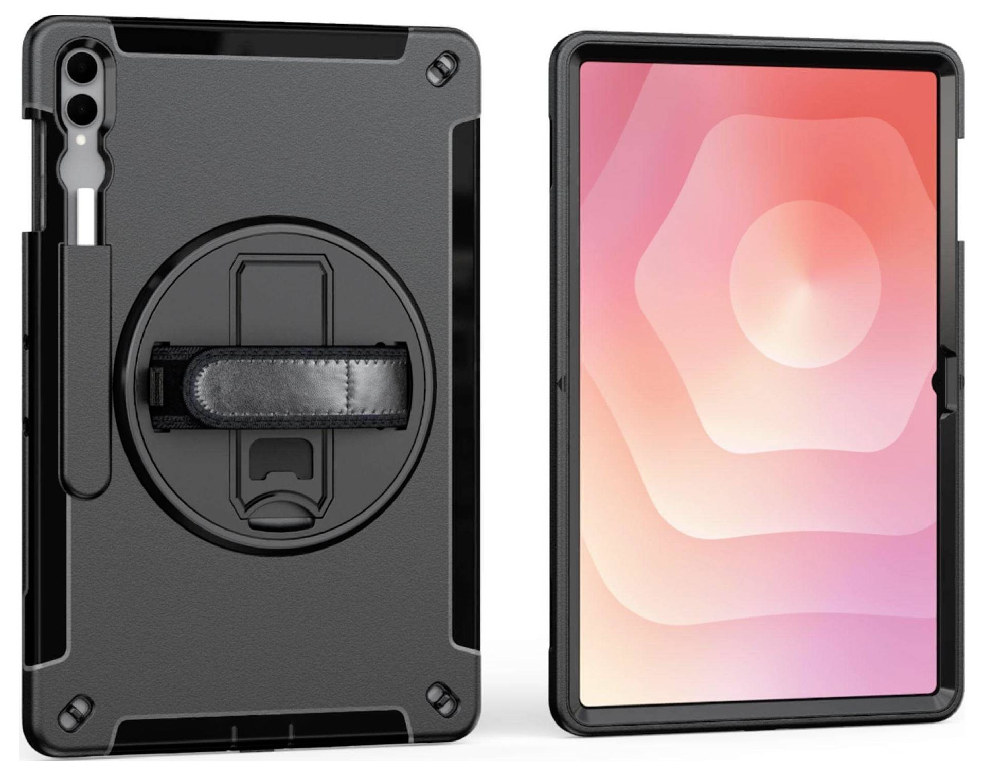 Un tablet con una custodia nera robusta è mostrato da dietro e da davanti. La custodia ha un cinturino per la mano e un supporto per stare in piedi sul retro. Lo schermo del tablet visualizza un design astratto rosa.