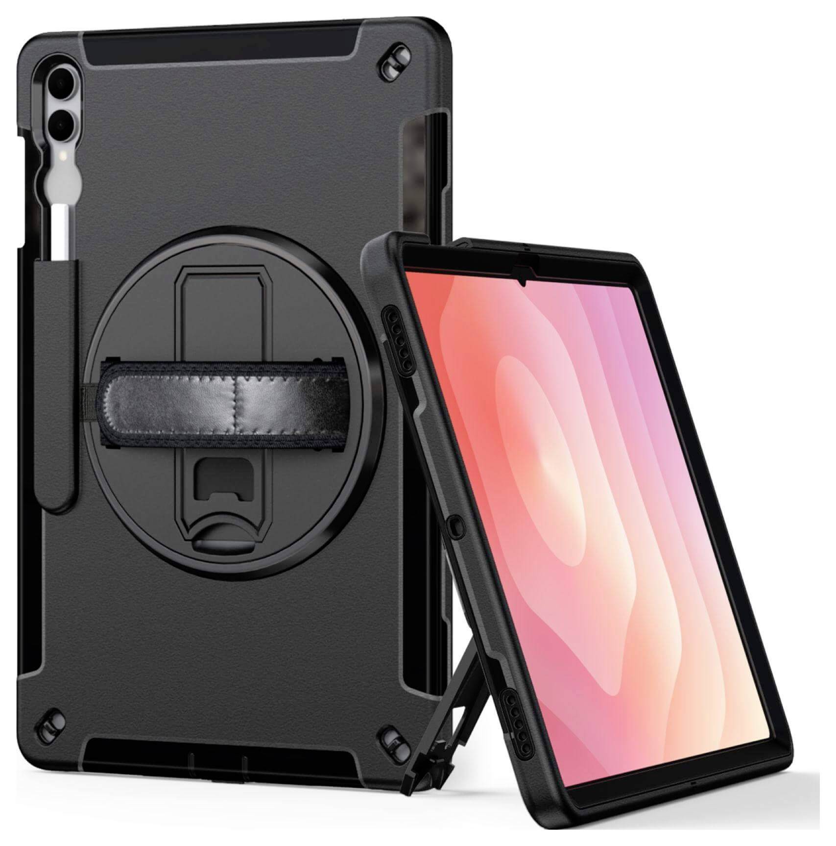 Una custodia per tablet nera con cinghia per la mano rotante integrata e supporto per lo stilo, mostrata mentre sostiene un tablet con schermo rosa e bianco.
