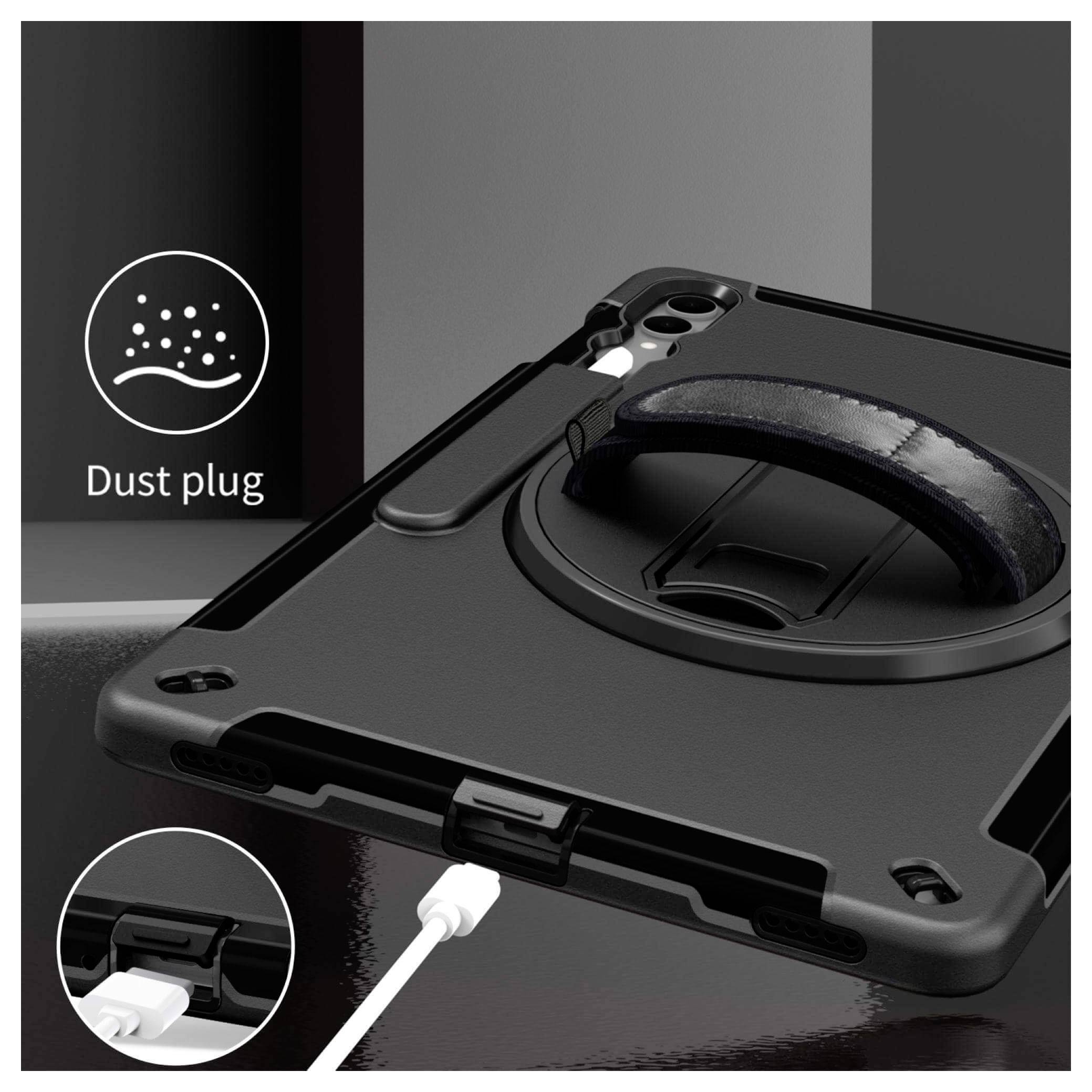 Custodia tablet resistente con maniglia, che mostra un tappo antipolvere e un cavo di ricarica inserito, sottolineando protezione e funzionalità.