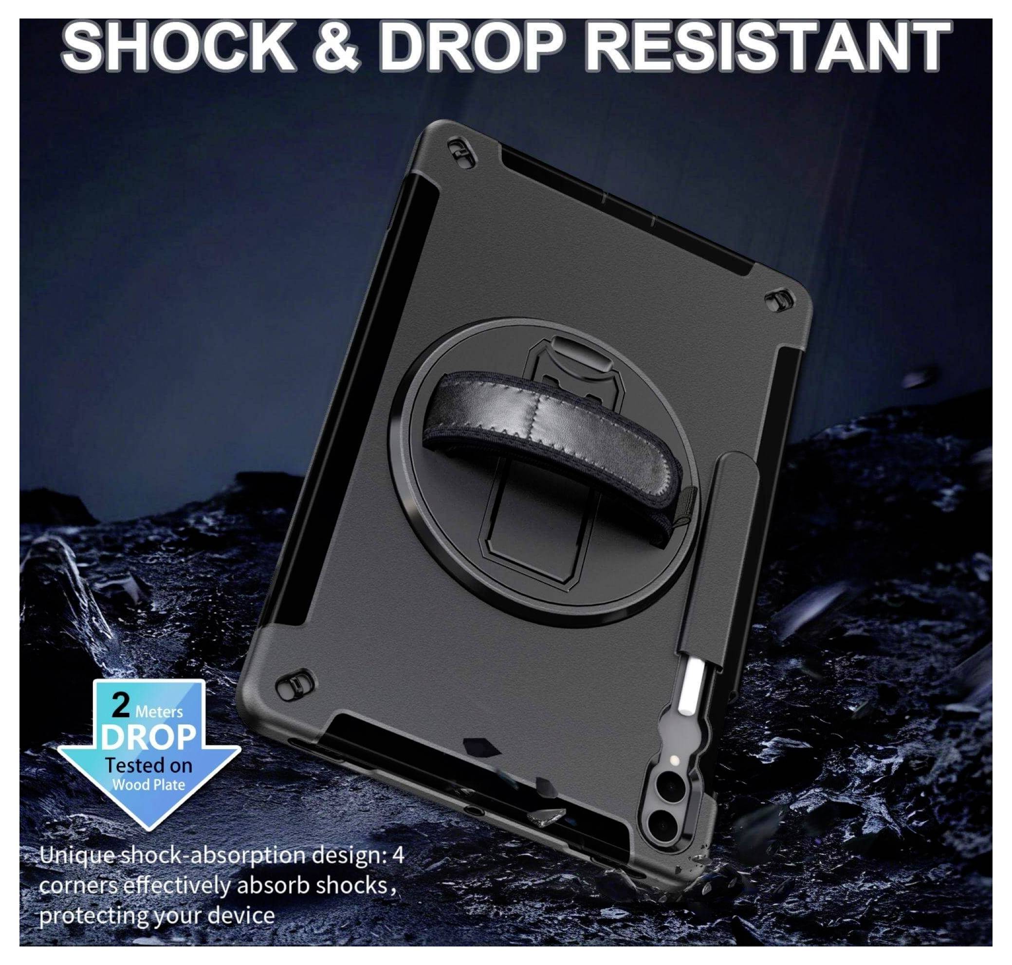 Custodia per tablet robusta che mostra le sue caratteristiche di resistenza agli urti e alle cadute, con maniglia e supporto per stilo, idonea per una caduta da 2 metri.