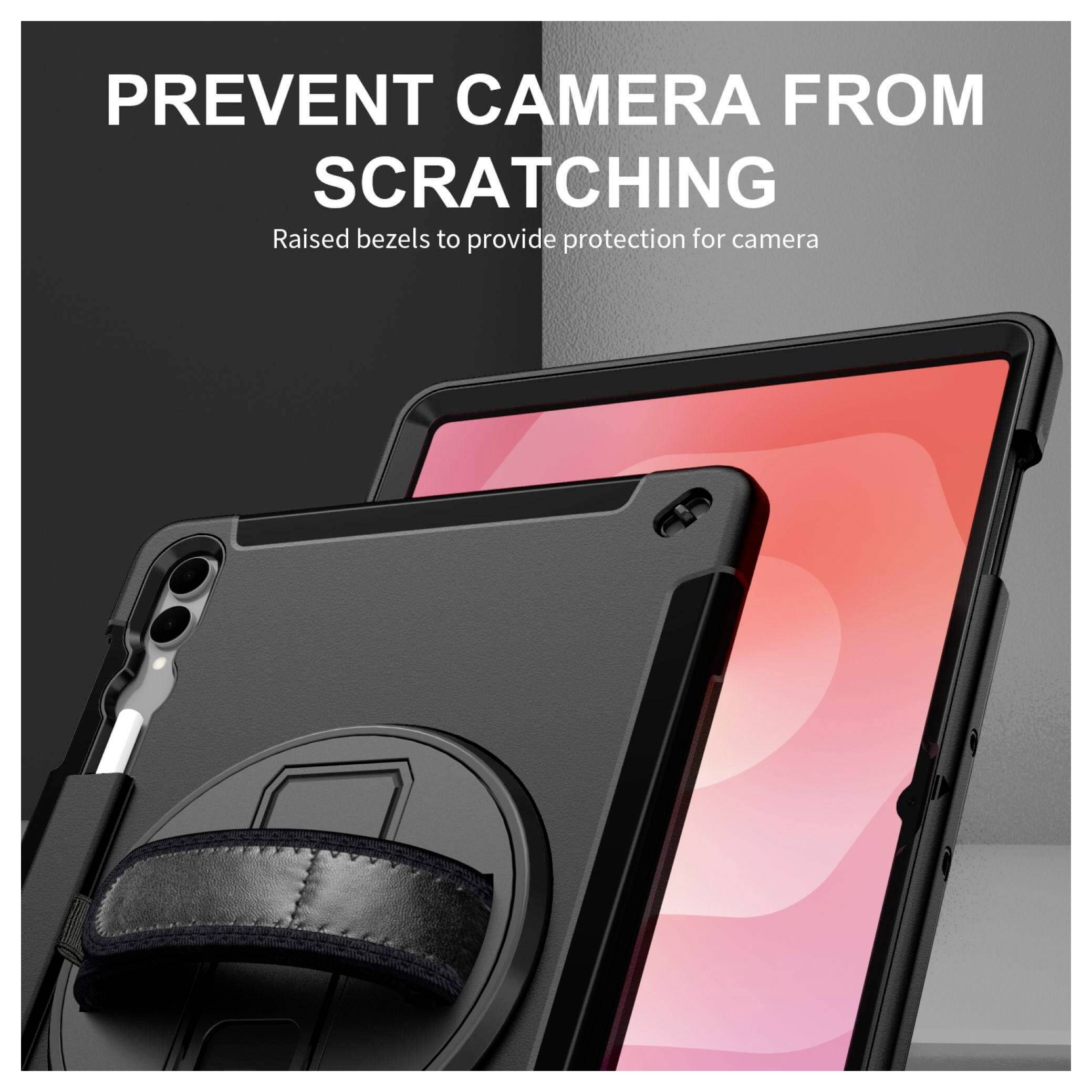 Custodia per tablet con bordi rialzati offre protezione della fotocamera, evidenziando la funzione antigraffio.
