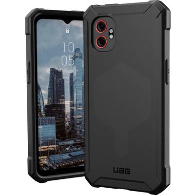 Custodia protettiva per telefono che racchiude uno smartphone, con paesaggio urbano visualizzato sullo schermo. La custodia presenta angoli rinforzati e lati con texture.